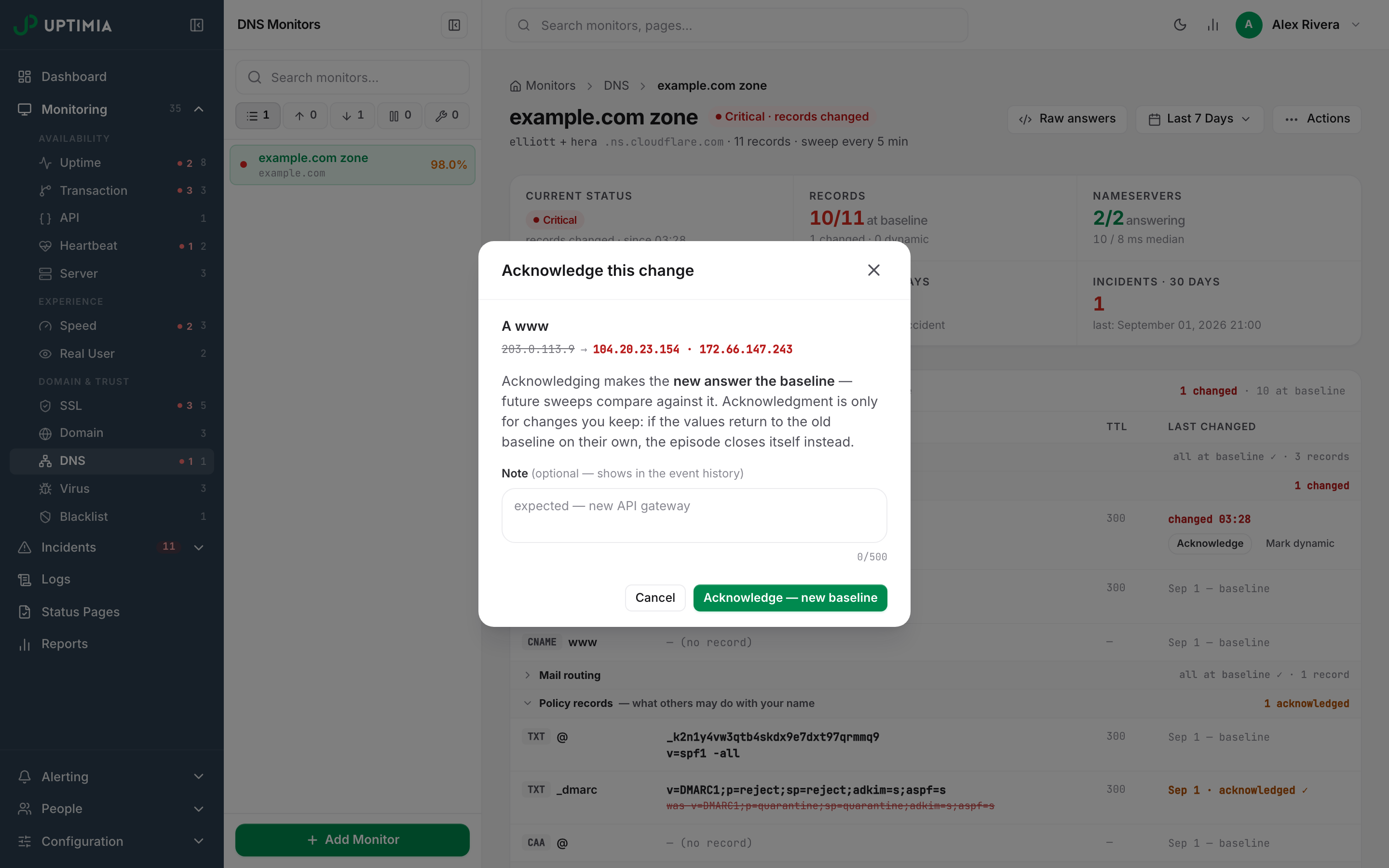 The Acknowledge this change modal in Uptimia, showing the DNS record diff, the optional note field and the Acknowledge — new baseline button.
