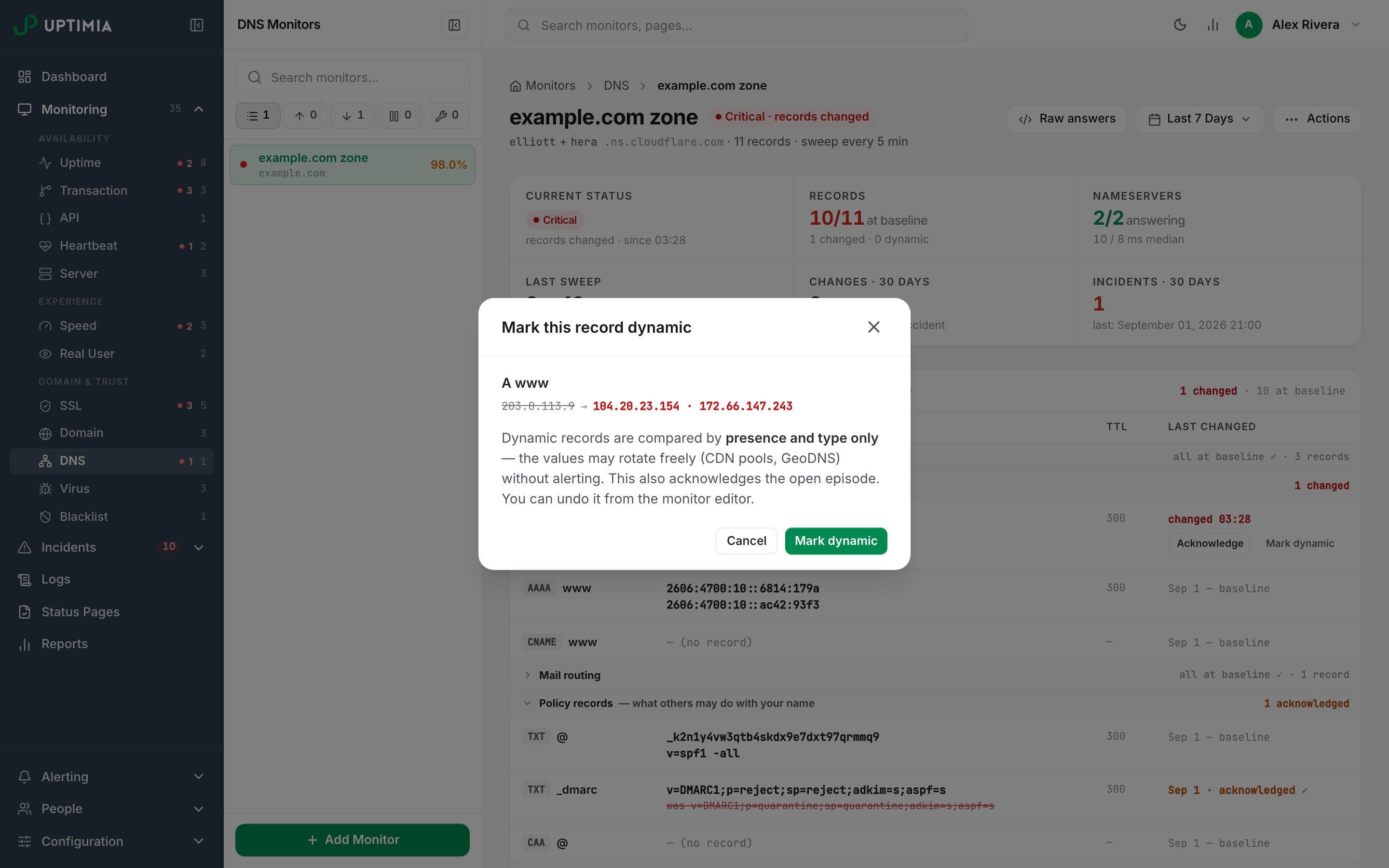 The Mark this record dynamic modal in Uptimia, explaining that dynamic records are compared by presence and type only.