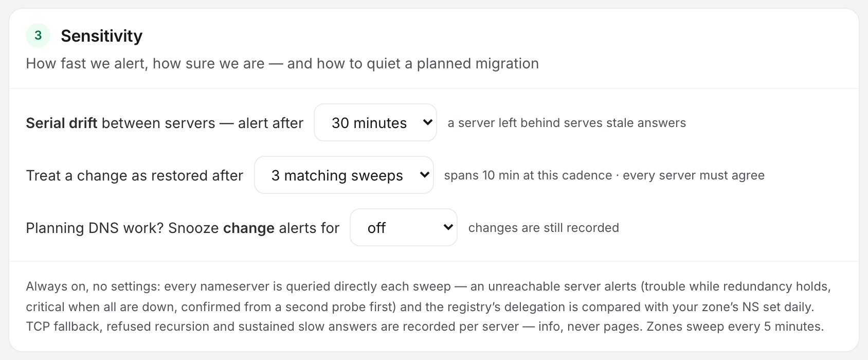 The Sensitivity card in the Uptimia DNS monitor editor: serial-drift tolerance, restore depth with its wall-clock span, and the change-alert snooze.
