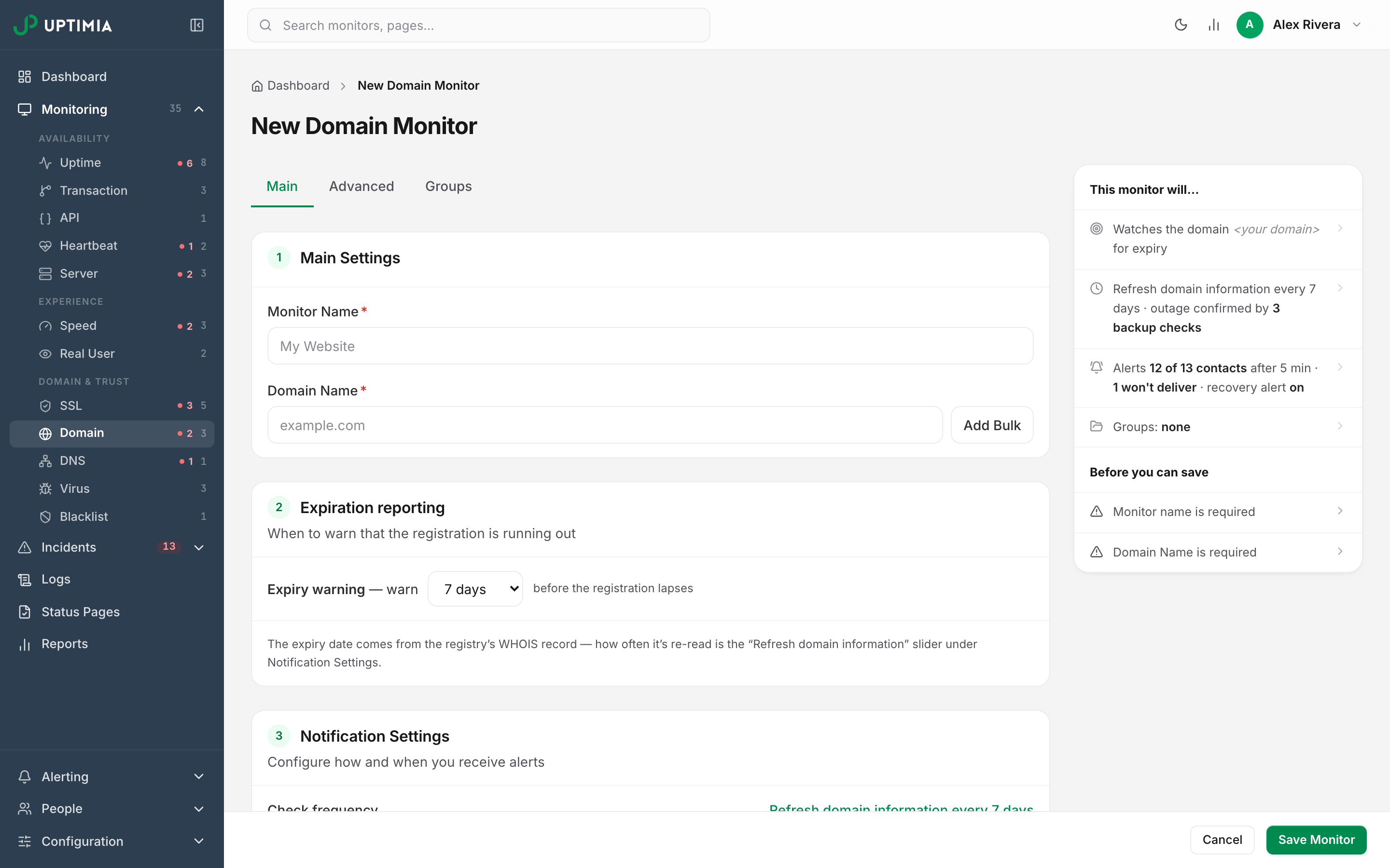 The Uptimia domain monitor editor with the Monitor Name and Domain Name fields, and only three tabs: Main, Advanced and Groups.
