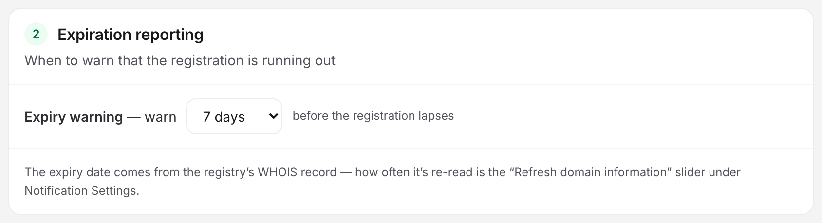 The Expiration reporting card in the Uptimia domain editor, with the expiry-warning select set to 7 days before the registration lapses.