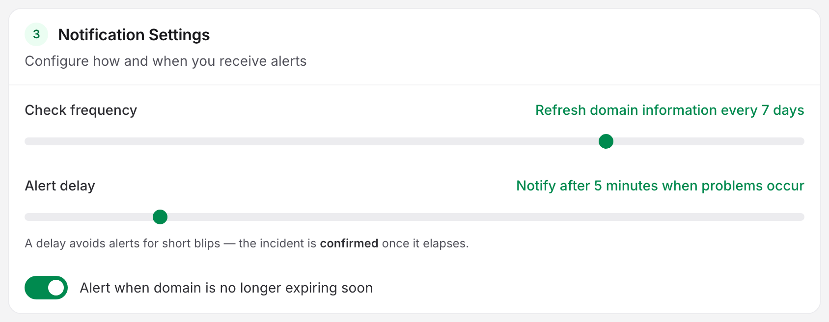 The Notification Settings card for a domain monitor in Uptimia: the refresh-every-7-days slider, the 5-minute alert delay and the recovery toggle.