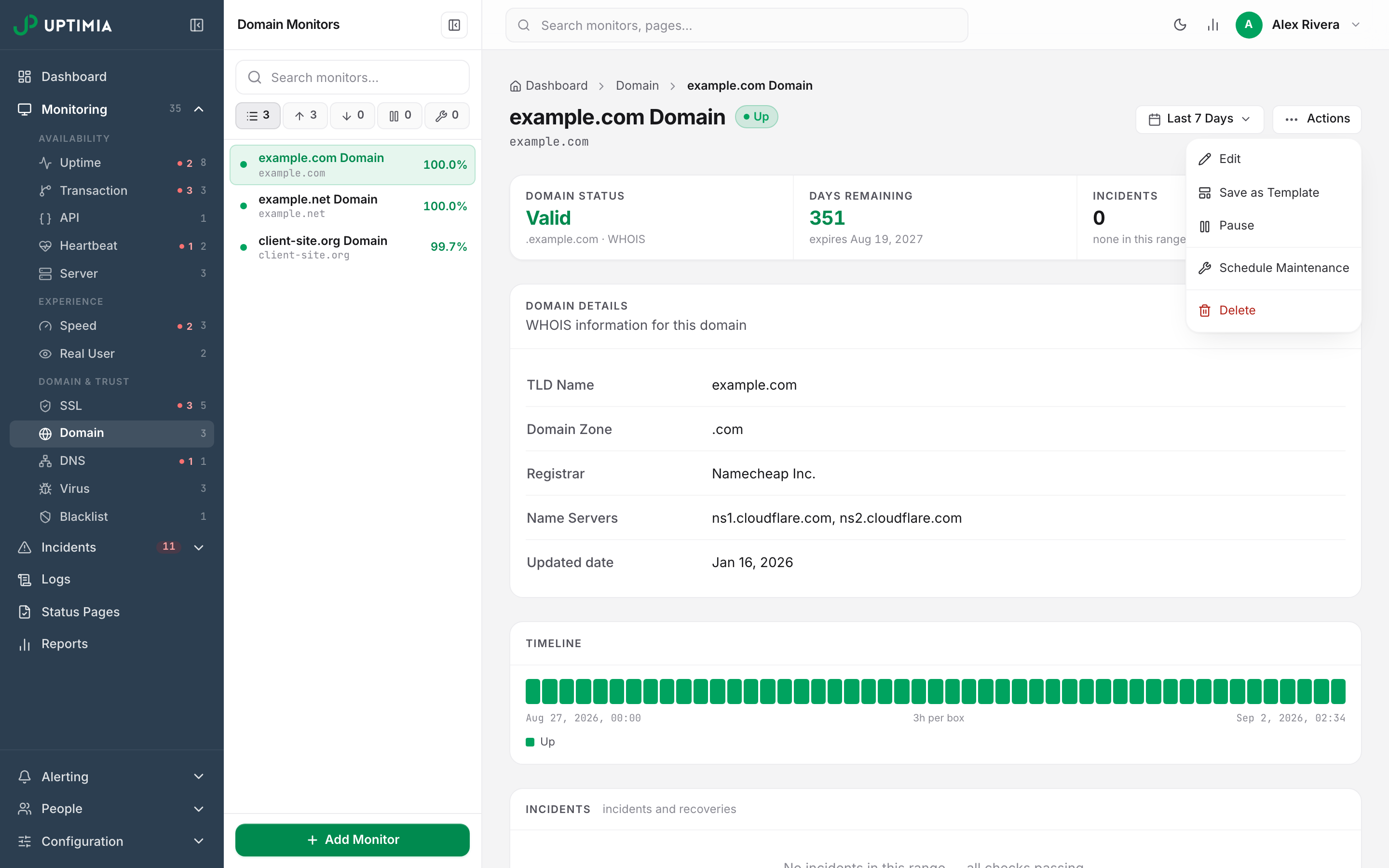 The Actions menu open on a domain monitor in Uptimia, showing Edit, Save as Template, Pause, Schedule Maintenance and Delete.