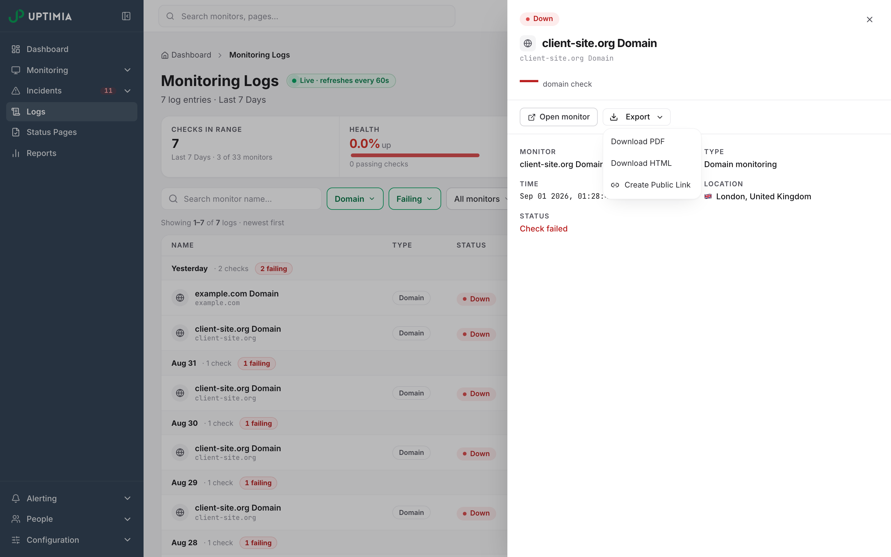 The check detail slide-over with its Export dropdown open, showing Download PDF, Download HTML and Create Public Link for one failed check.