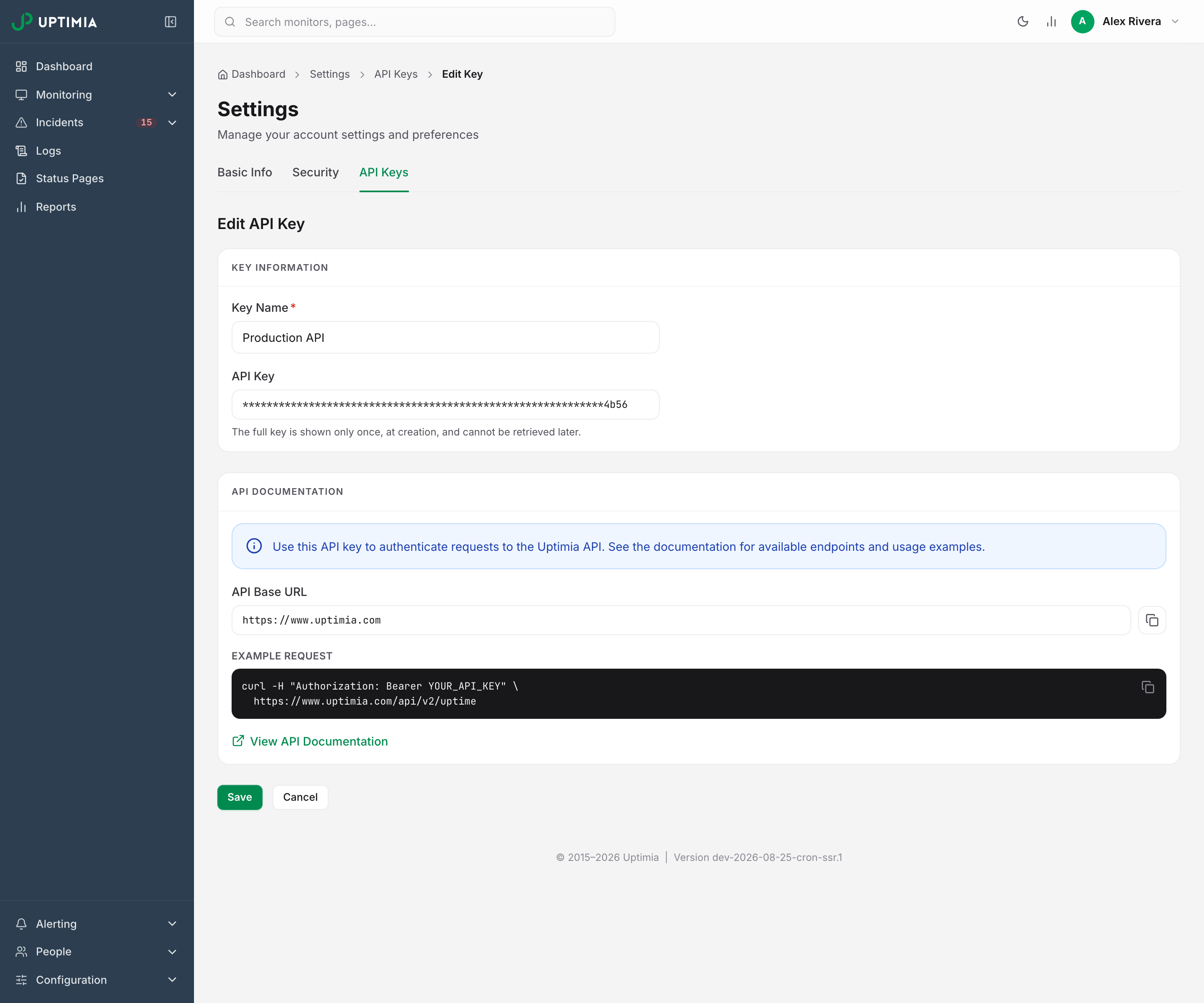 The Edit API Key page: the stored key readable only as a masked value, above the API Documentation card carrying the account's API base URL and a ready-made curl example for an authenticated request.