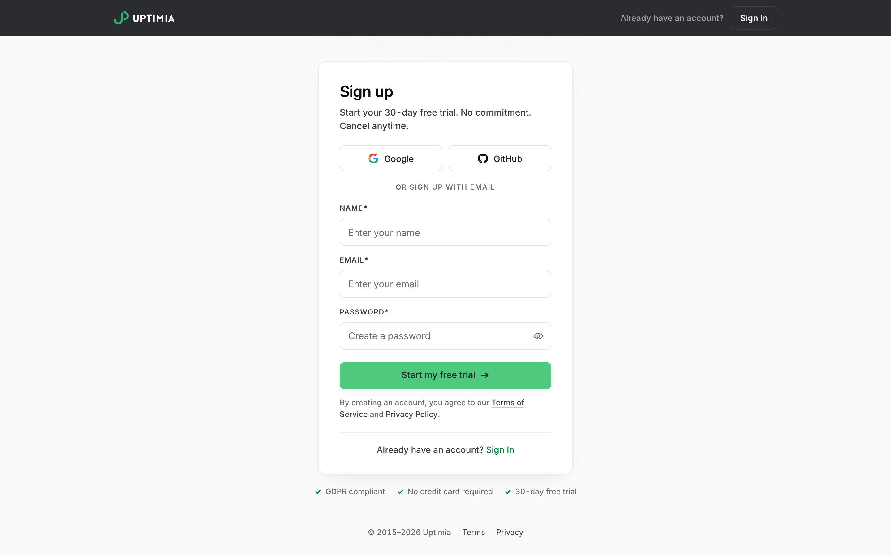 The Uptimia sign-up card, with Google and GitHub sign-up above the Name, Email and Password fields and the Start my free trial button.