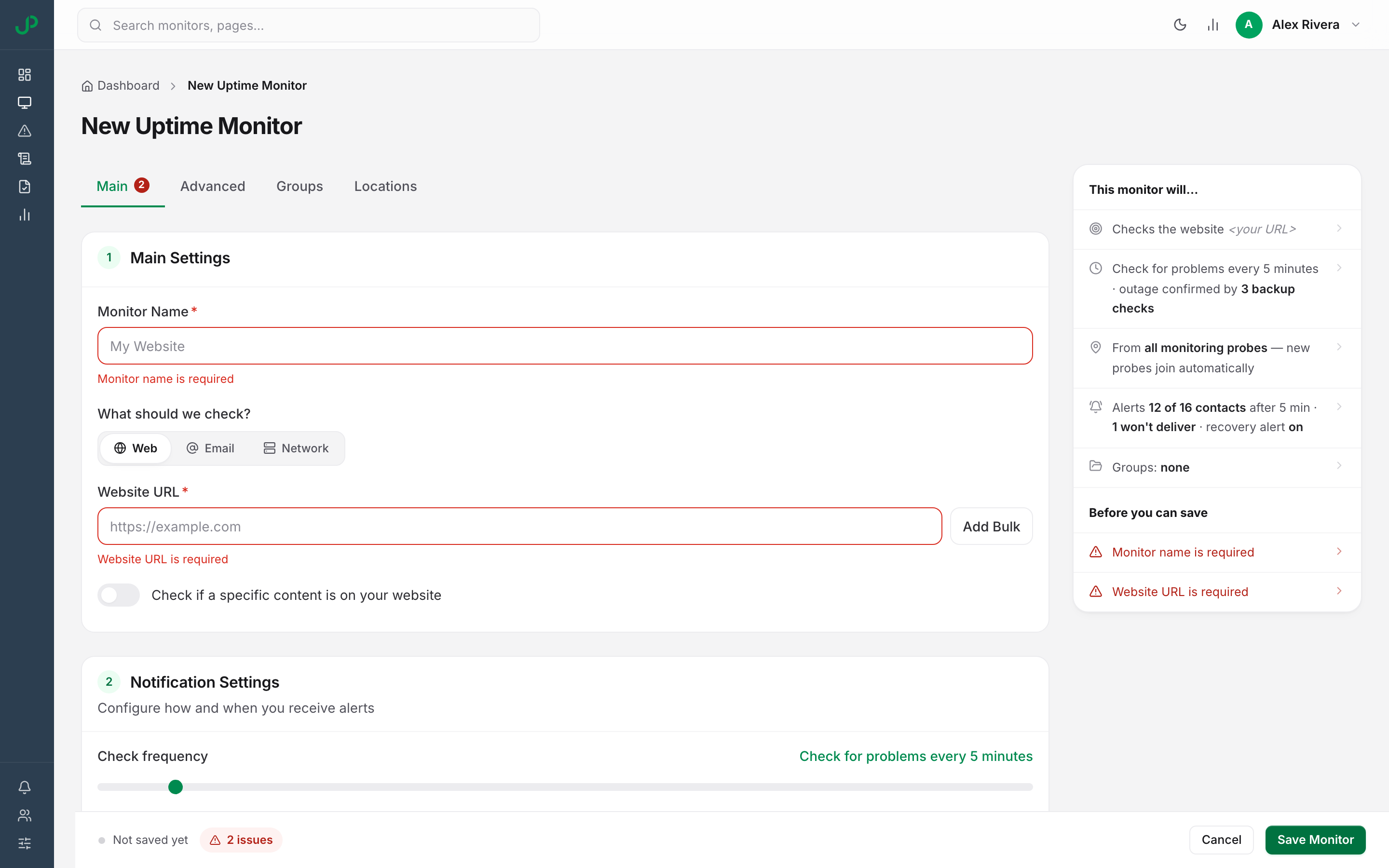 The Uptimia monitor editor with the save blocked: the Summary rail lists 'Monitor name is required' and 'Website URL is required' under 'Before you can save', and the save bar shows a red 2 issues chip.