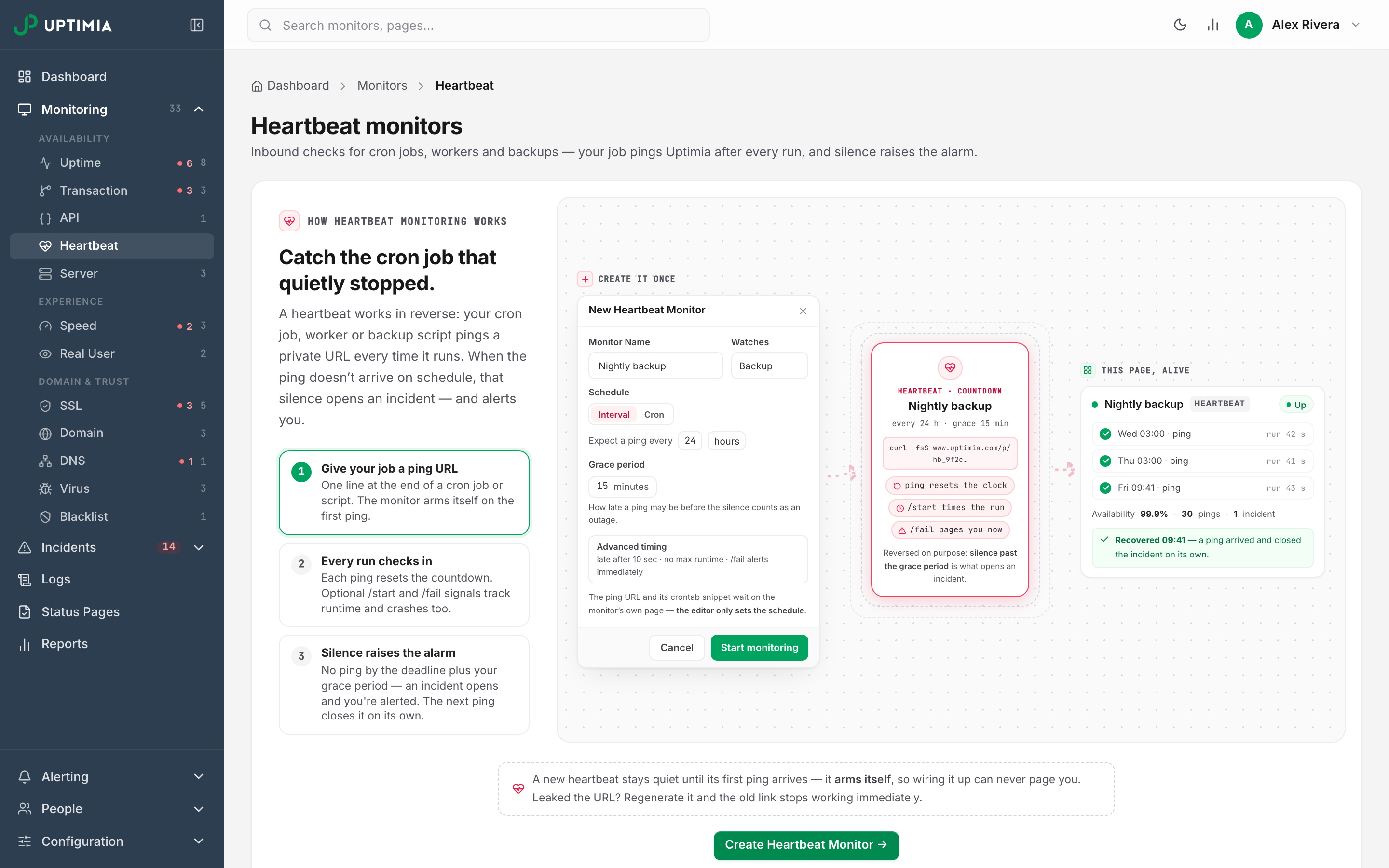 The Heartbeat monitors explainer in Uptimia, showing how a job pings a private URL after every run and how silence opens an incident, with the Create Heartbeat Monitor button.