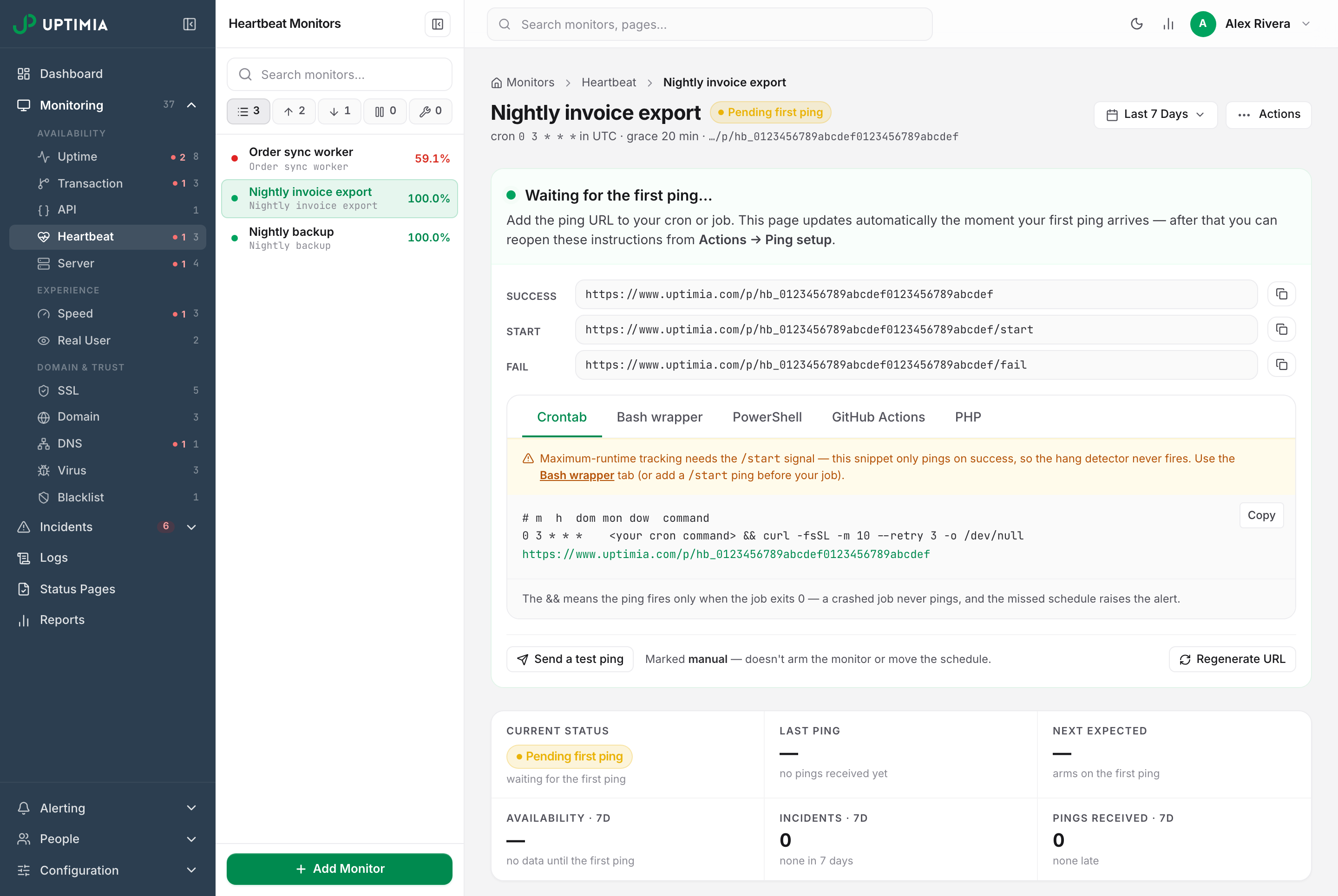 A new Uptimia heartbeat monitor waiting for its first ping, showing the Success, Start and Fail ping URLs and the ready-made crontab snippet.