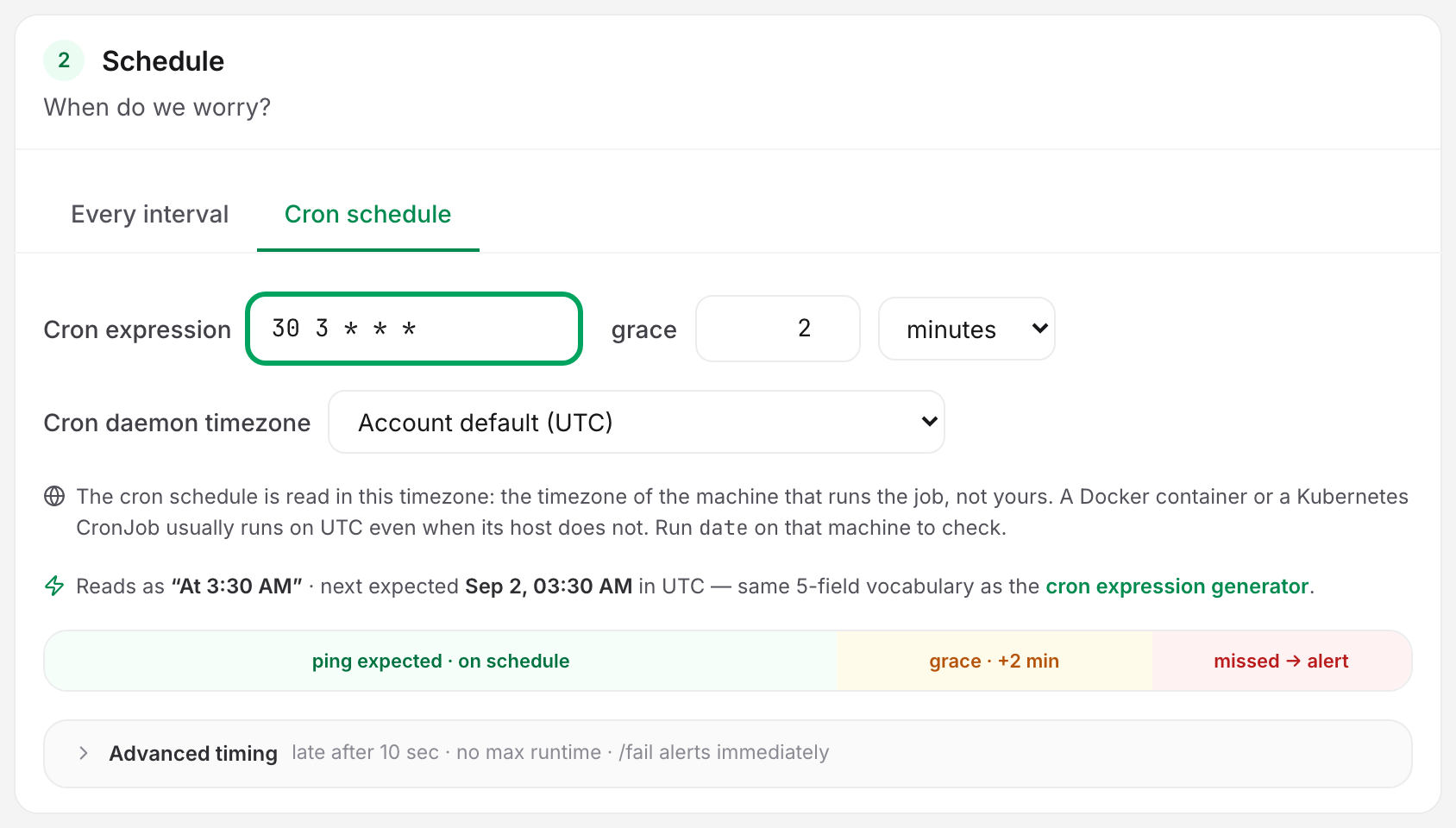 The Schedule card of an Uptimia heartbeat monitor in Cron schedule mode, with the cron expression, the cron daemon timezone selector and the live read-back of the next expected run.