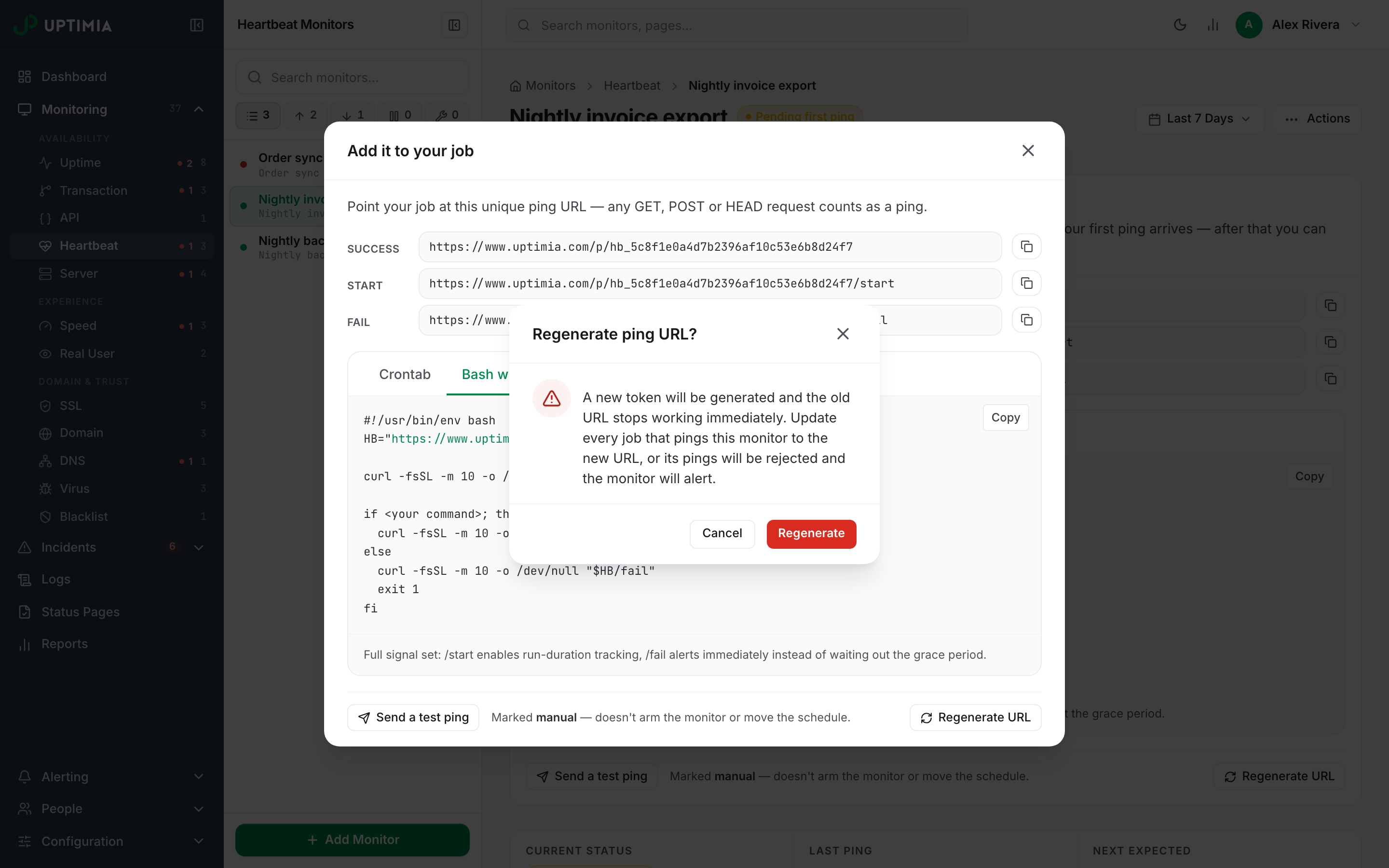 The Regenerate ping URL confirmation, warning that the old URL stops working immediately and every job must be updated.