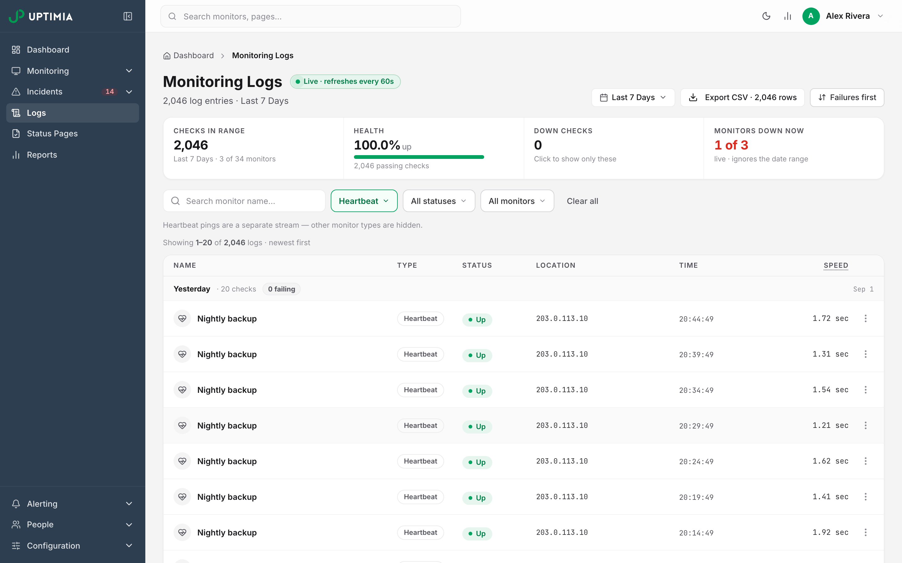 The Monitoring Logs page filtered to heartbeat only, showing the separate-stream note and ping rows carrying source IP addresses instead of probe locations.