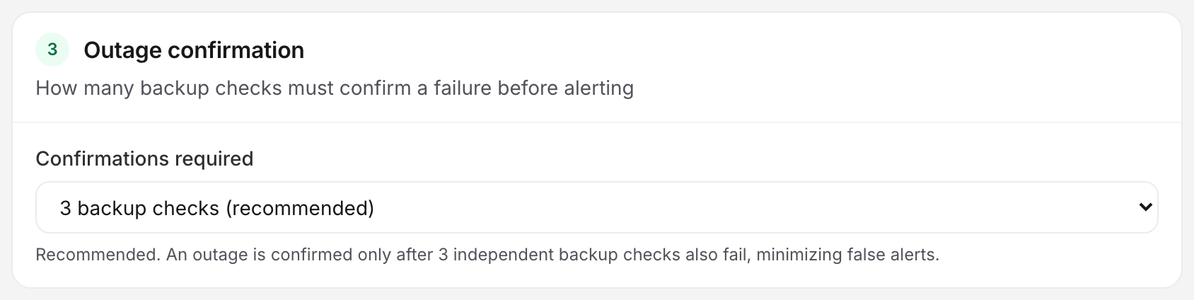 The Outage confirmation card on the monitor editor's Advanced tab, with Confirmations required left at '3 backup checks (recommended)'.