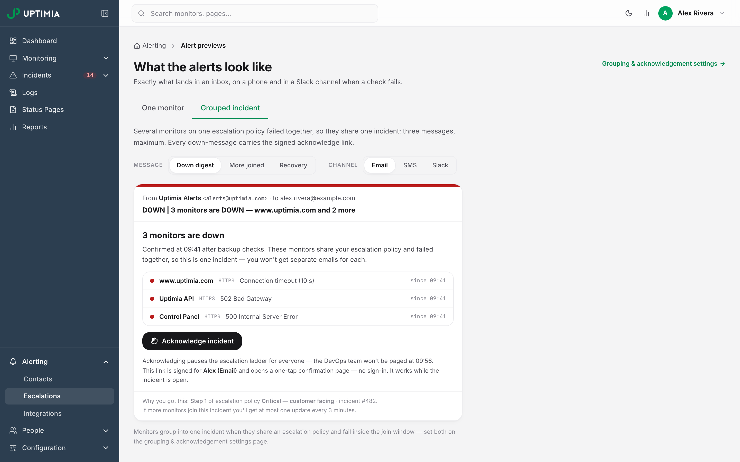Uptimia's alert preview showing a grouped down digest email: one message listing three failing monitors with their errors, an Acknowledge incident button and a footer naming the escalation step that paged you.