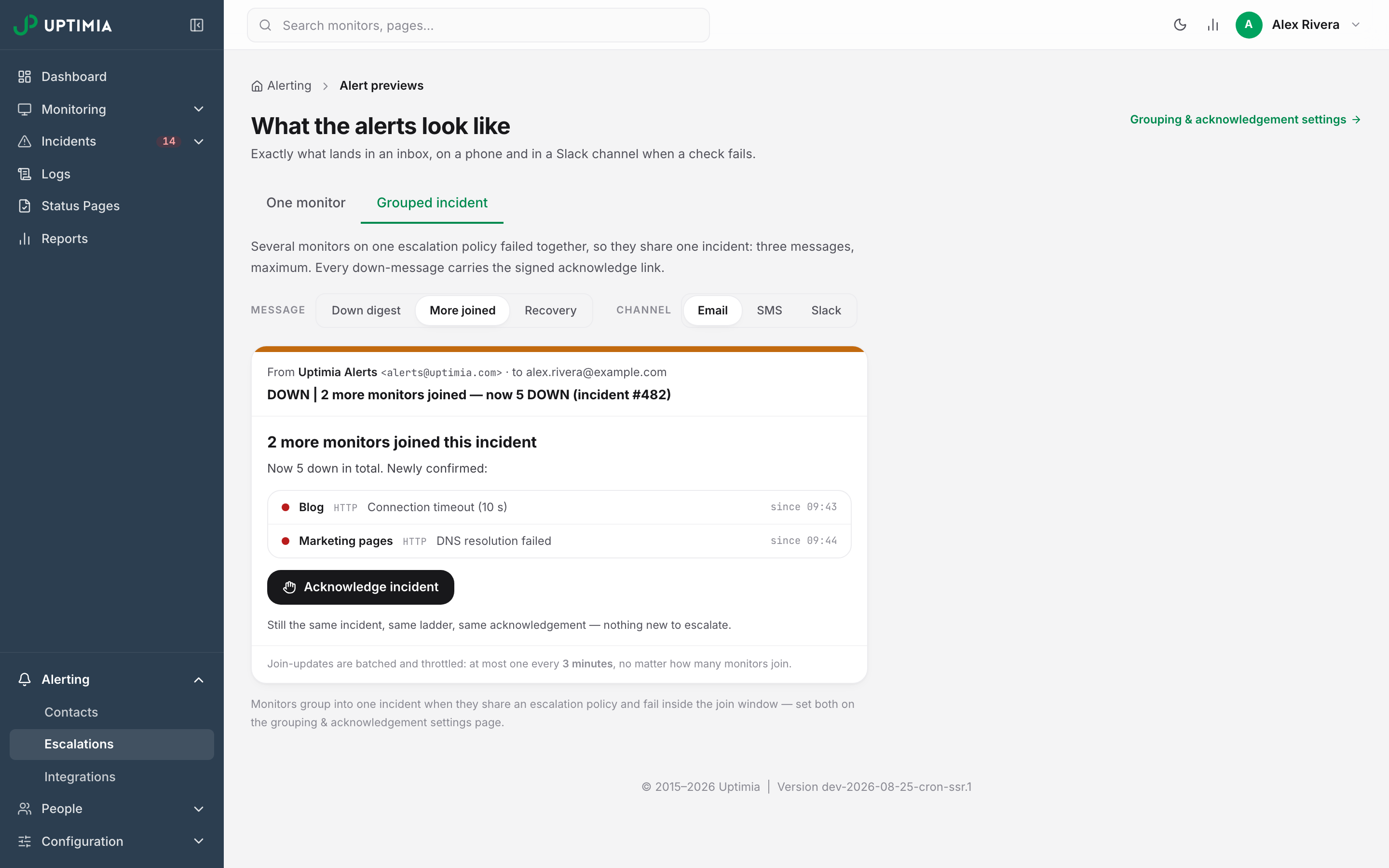 Uptimia's alert preview of a join update: one throttled email announcing the two monitors that joined an open incident and the new total, rather than a separate alert per monitor.