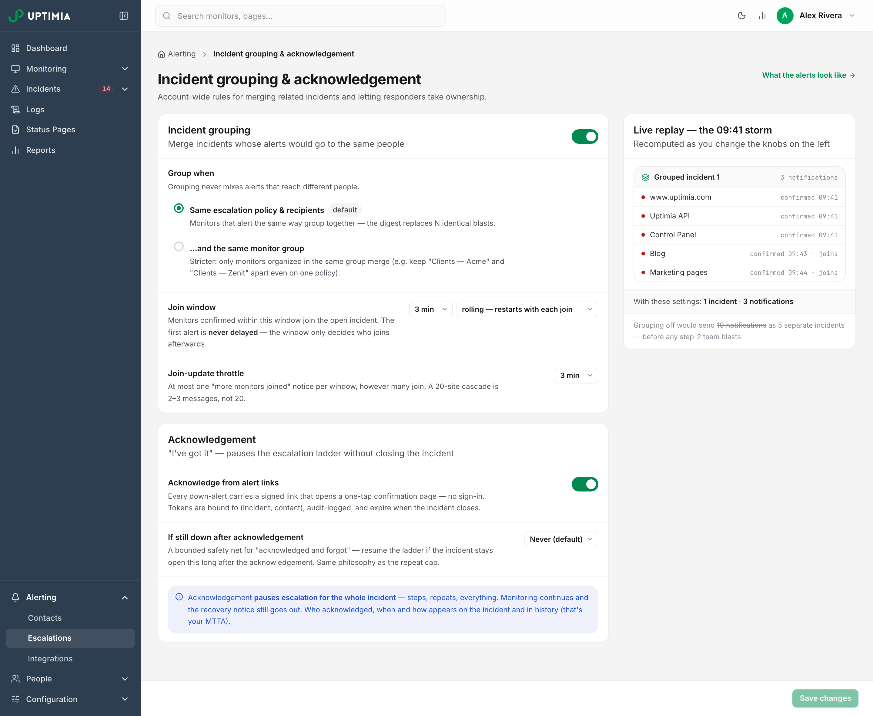 The Incident grouping and acknowledgement settings page, with the grouping scope, join window, window mode and throttle on the left and a live replay on the right showing five failing monitors merged into one incident and three notifications.