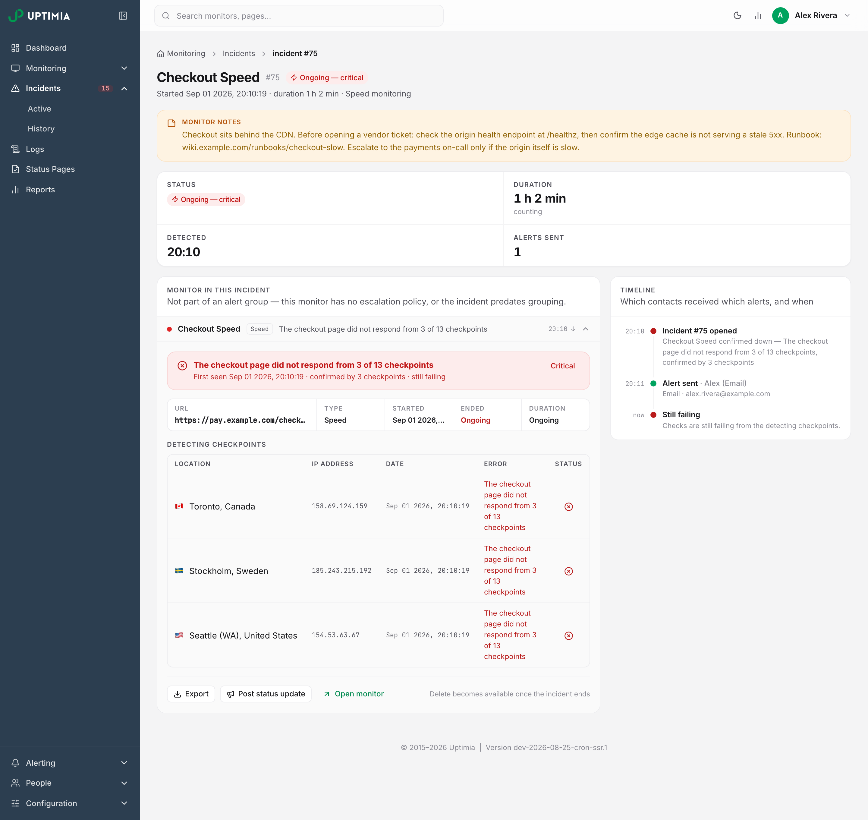 A single incident page showing the status strip, the root-cause panel with its detecting-checkpoints table, and the alerting timeline in the right rail.