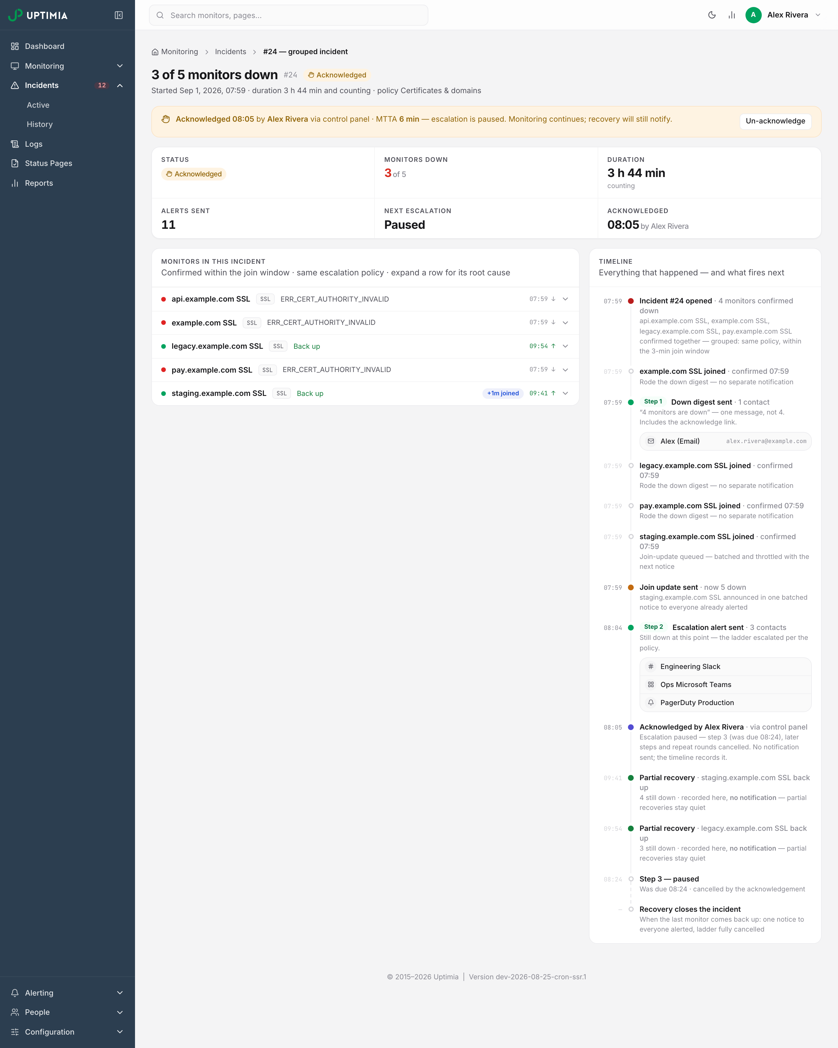 A grouped incident page with the amber acknowledgement banner and an escalation timeline showing the down digest, the join update, the second-step alert, the acknowledgement, and the third step paused by it.