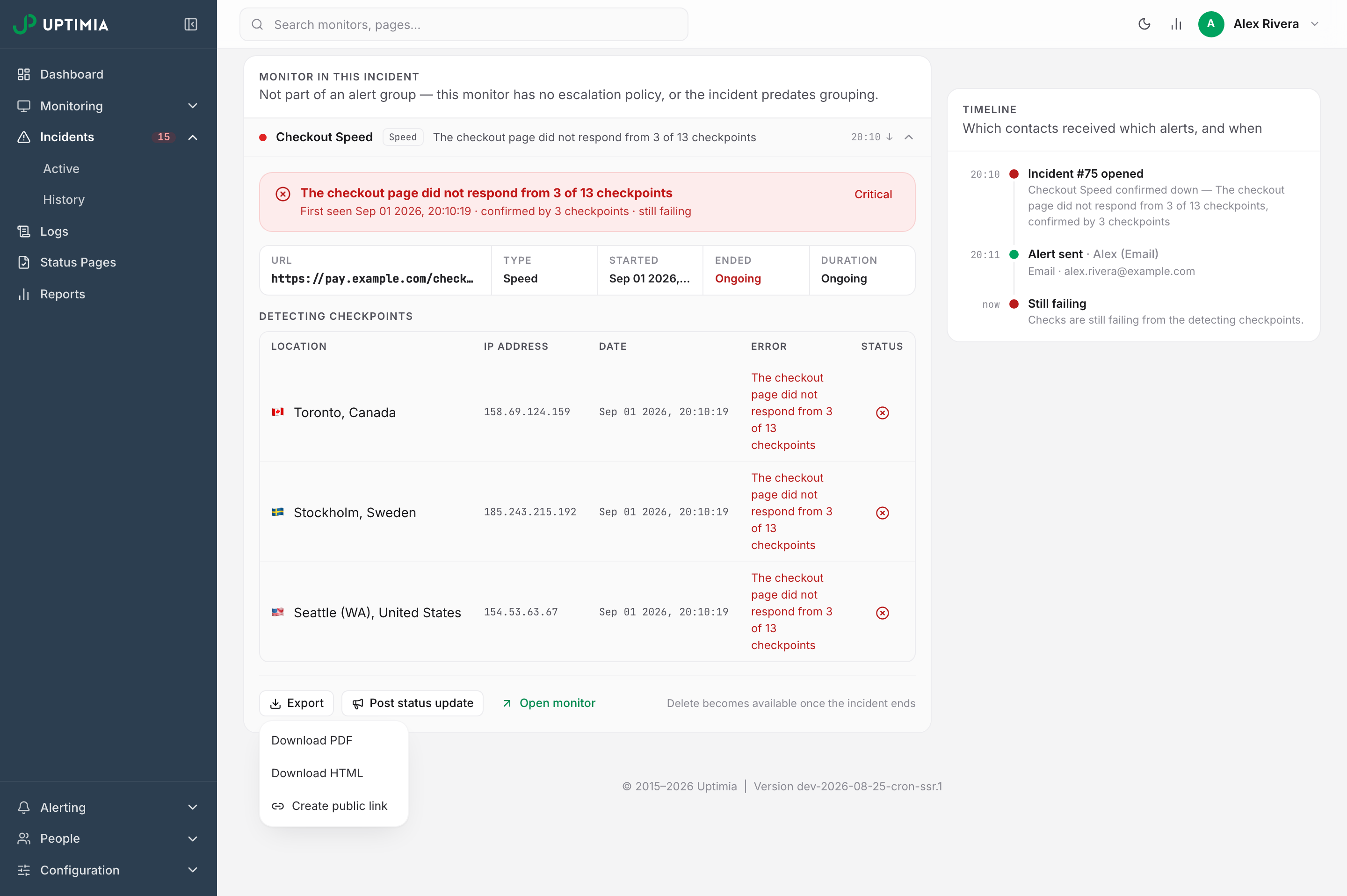 The Export menu open on an incident's actions footer, showing the PDF, HTML and public-link choices next to Post status update and Open monitor.