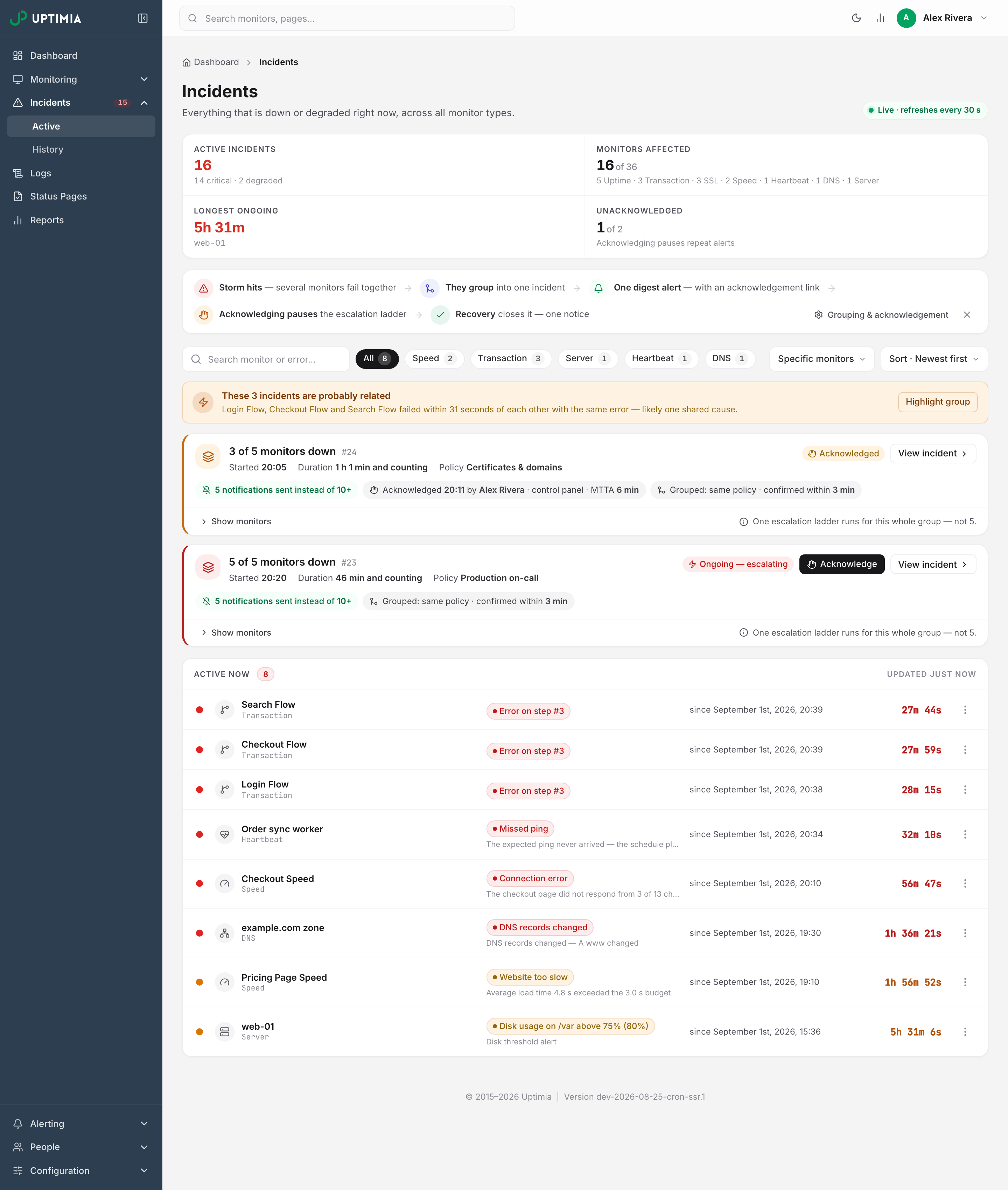 The Active Incidents page with its KPI tiles, the type filter chips, two alert-group cards and the live list of every monitor currently down, each row ticking its own duration.