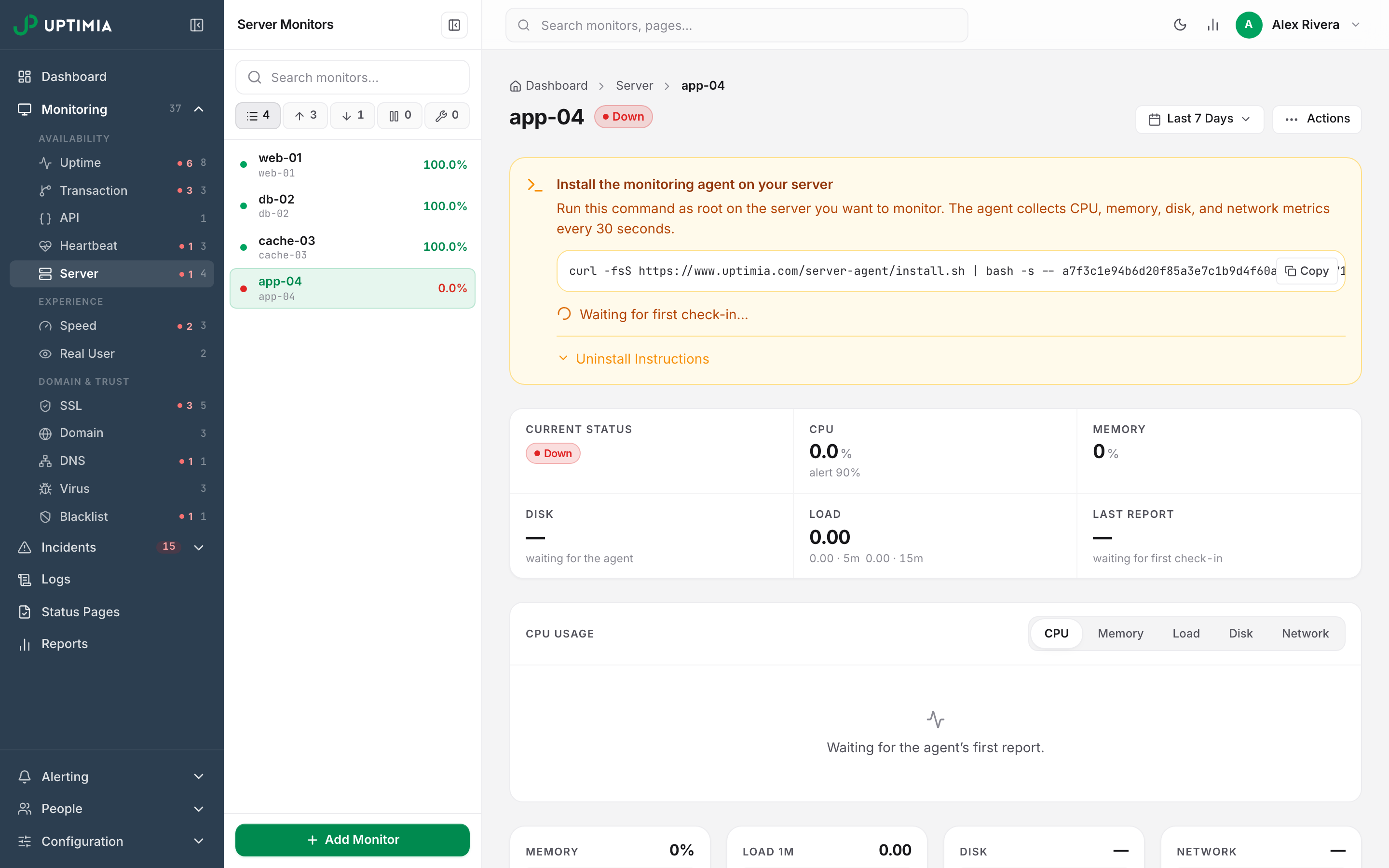 A new Uptimia server monitor showing the amber install banner with the one-line agent install command and a spinner reading Waiting for first check-in