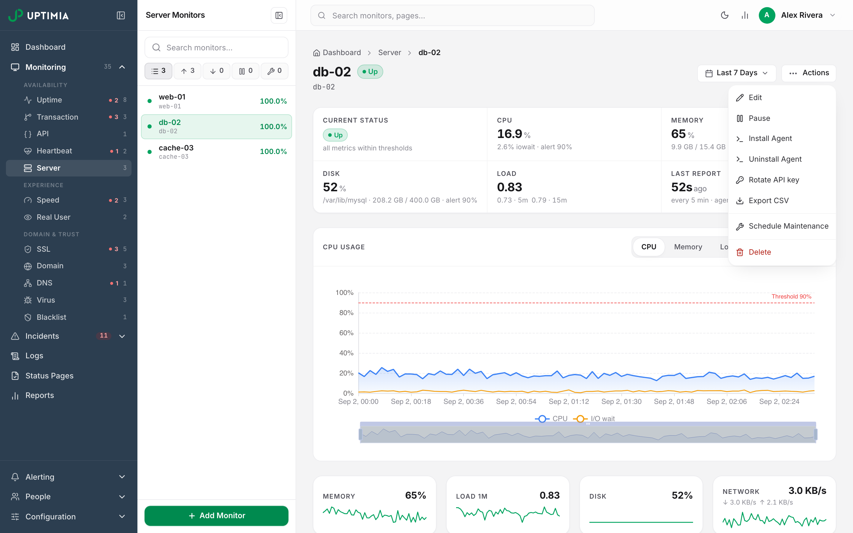 The Actions menu on an Uptimia server monitor, listing Install Agent, Uninstall Agent, Rotate API key and Export CSV alongside the standard monitor actions