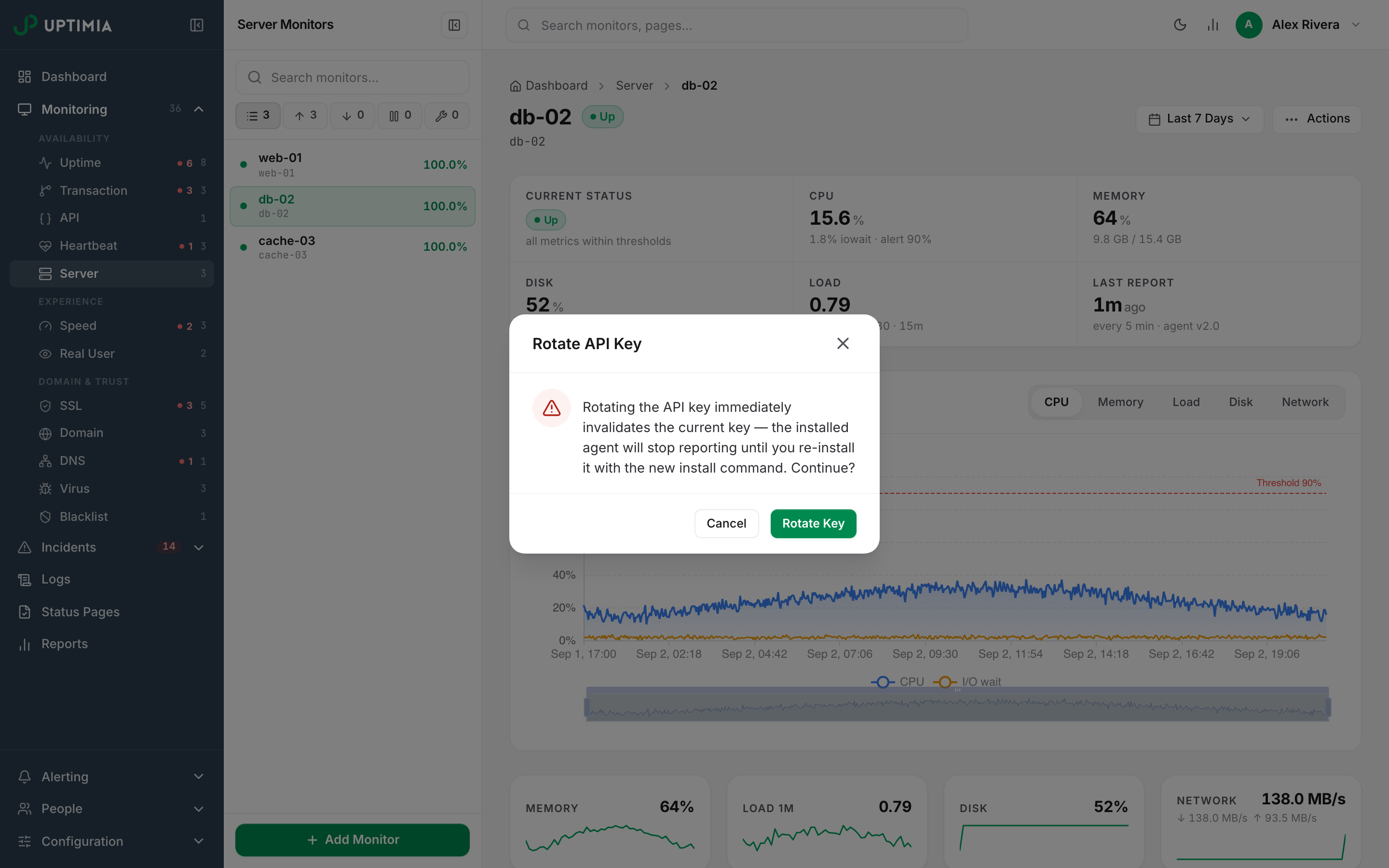 Uptimia's Rotate API Key confirmation, warning that the current key stops working immediately and the agent must be reinstalled