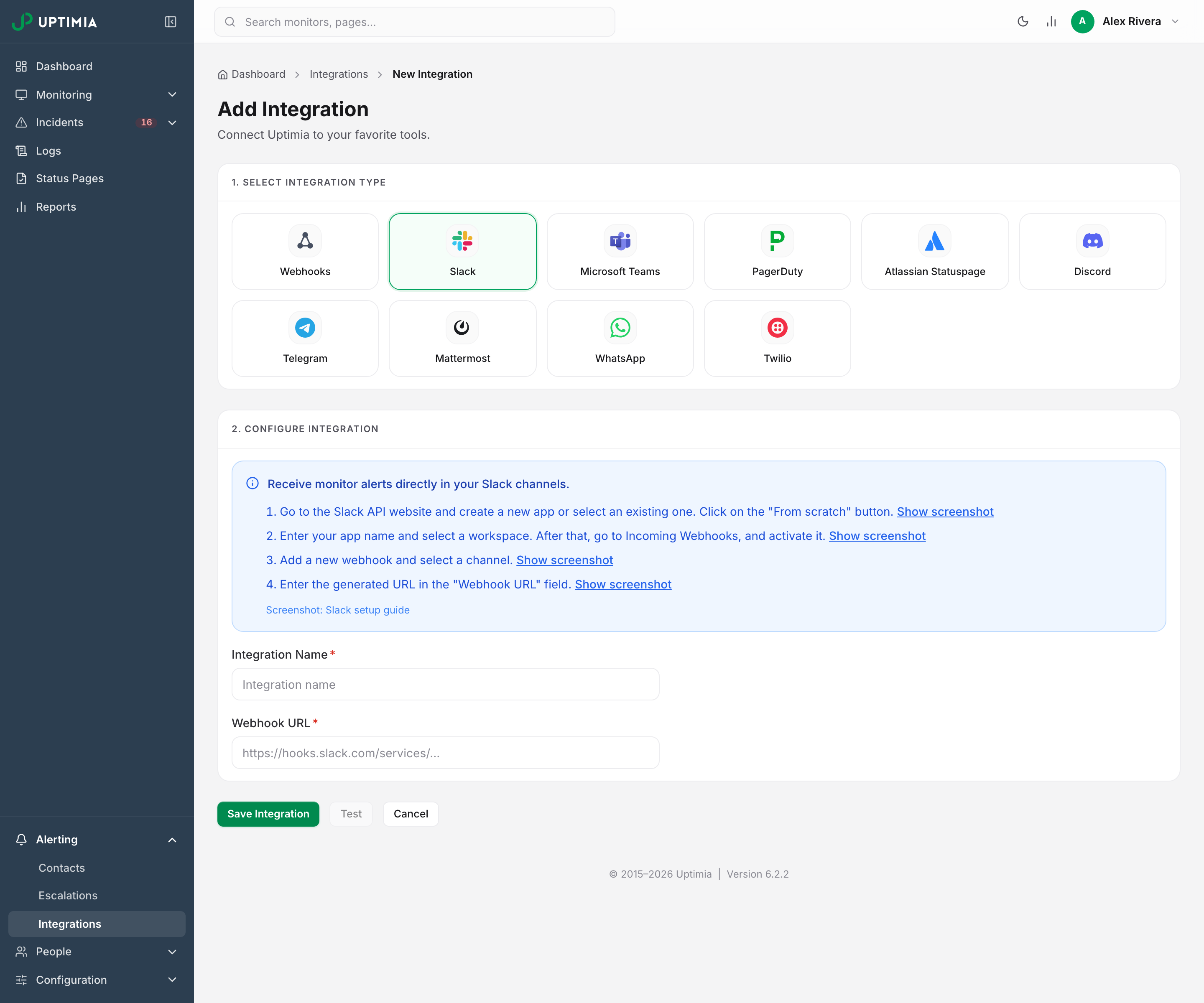 The Add Integration page: ten integration type tiles with Slack selected, the Slack setup instructions, and the Integration Name and Webhook URL fields below them