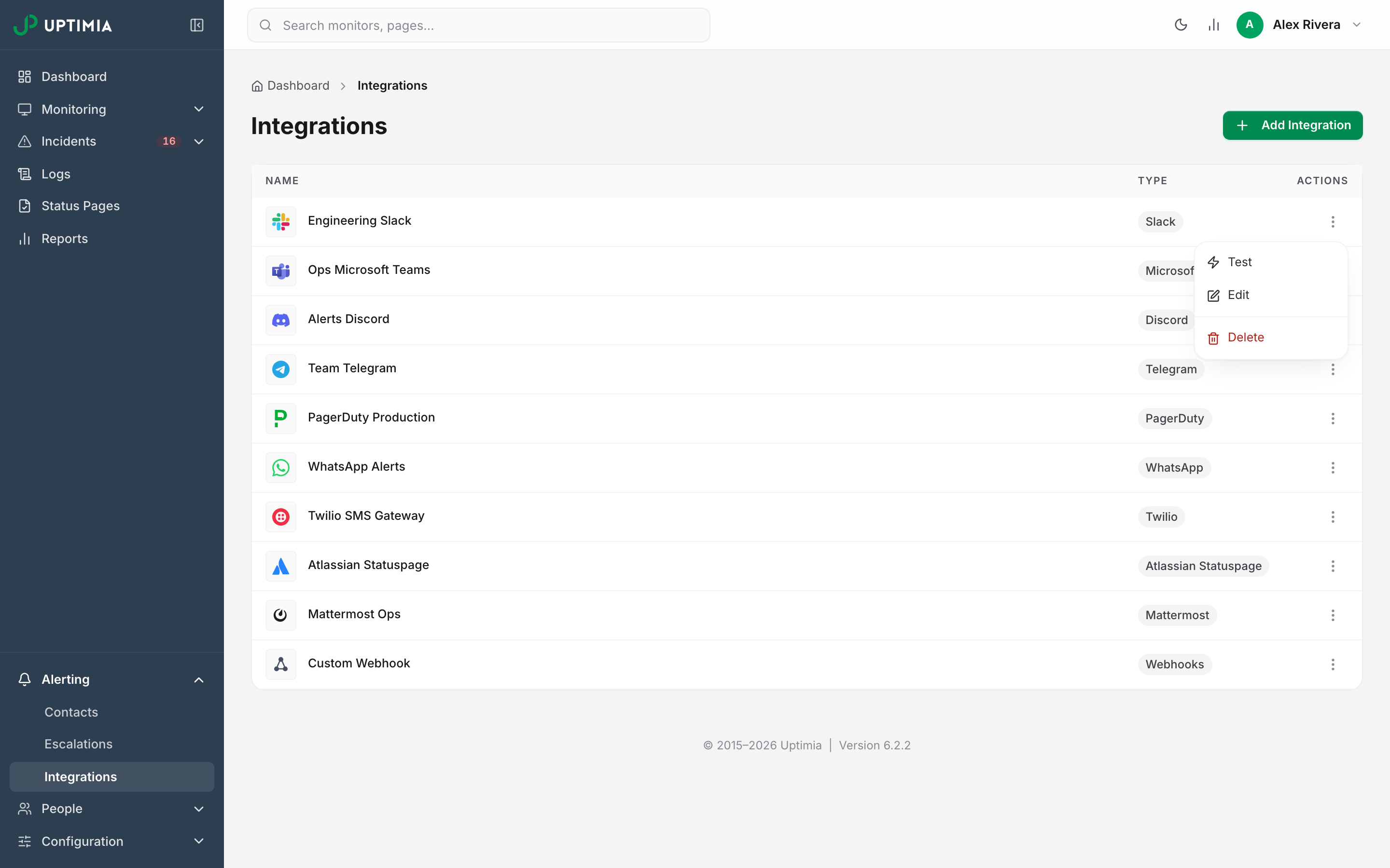 The Integrations list with a row's three-dots menu open, showing where the Test, Edit and Delete actions live