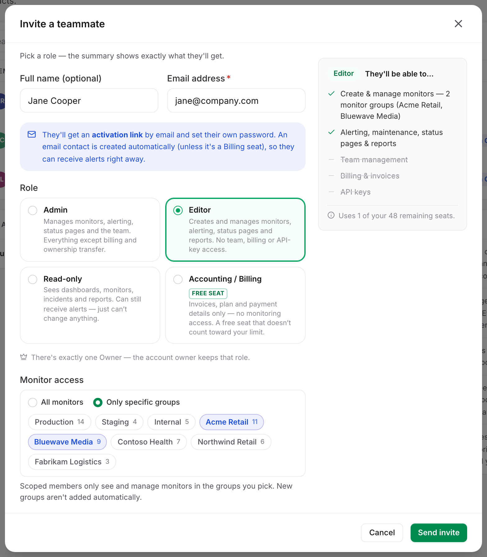 The Invite a teammate modal with the Editor role chosen and monitor access limited to two groups, and the live summary of what that role can do on the right