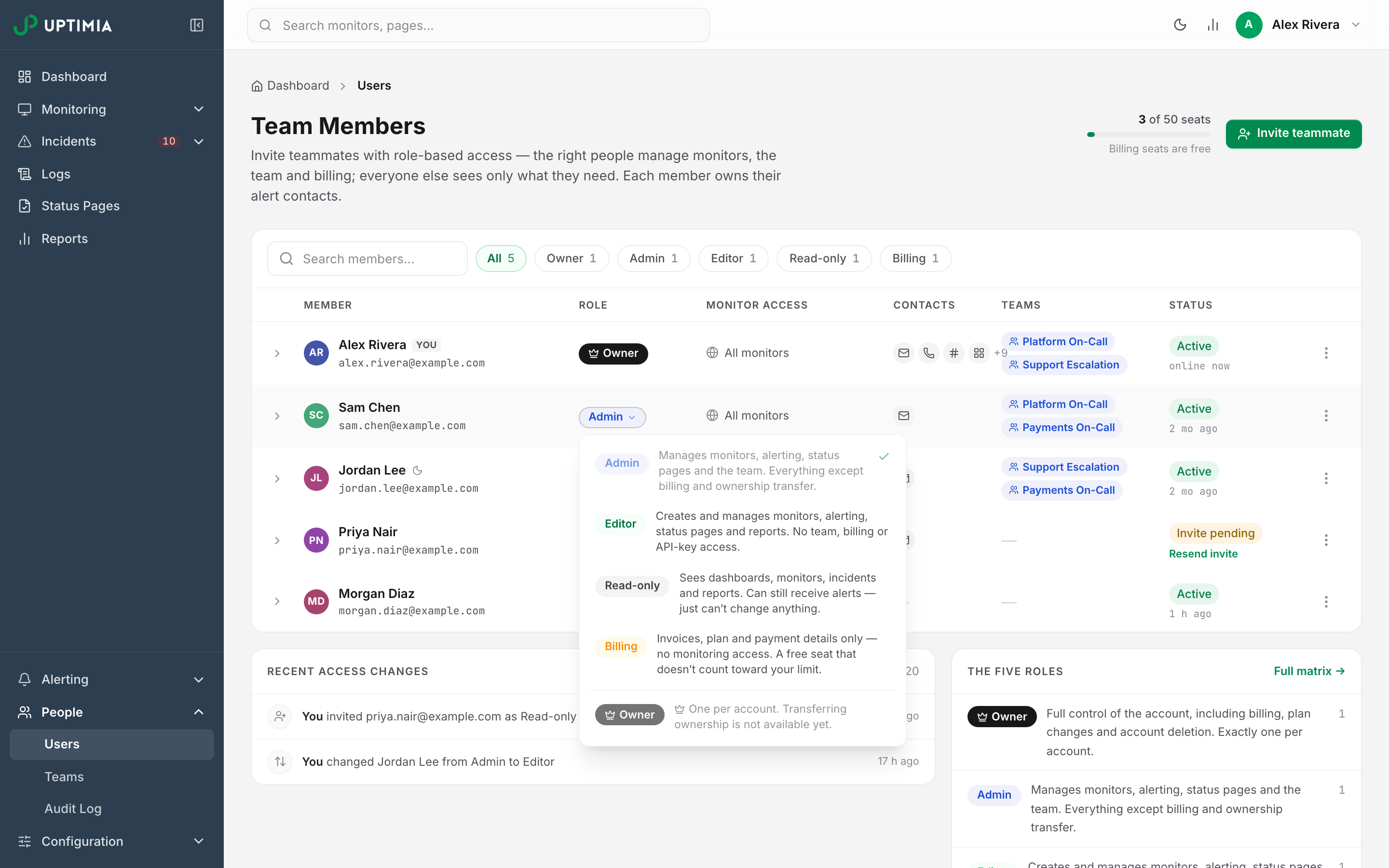 The role menu open on a team member's row, describing Admin, Editor, Read-only and Billing, with Owner shown at the bottom as one per account and not transferable