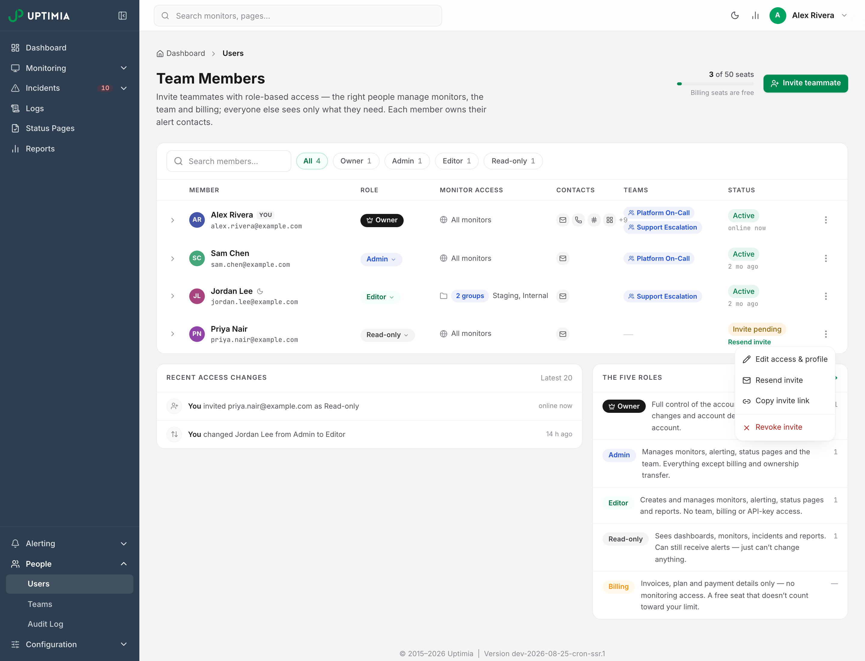 The row menu on a pending team member, showing Resend invite, Copy invite link and Revoke invite alongside Edit access and profile