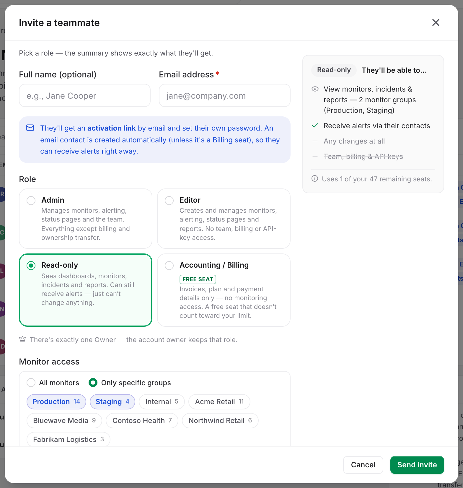 The Monitor access control in the invite modal, set to Only specific groups with two groups selected and the role summary naming those groups