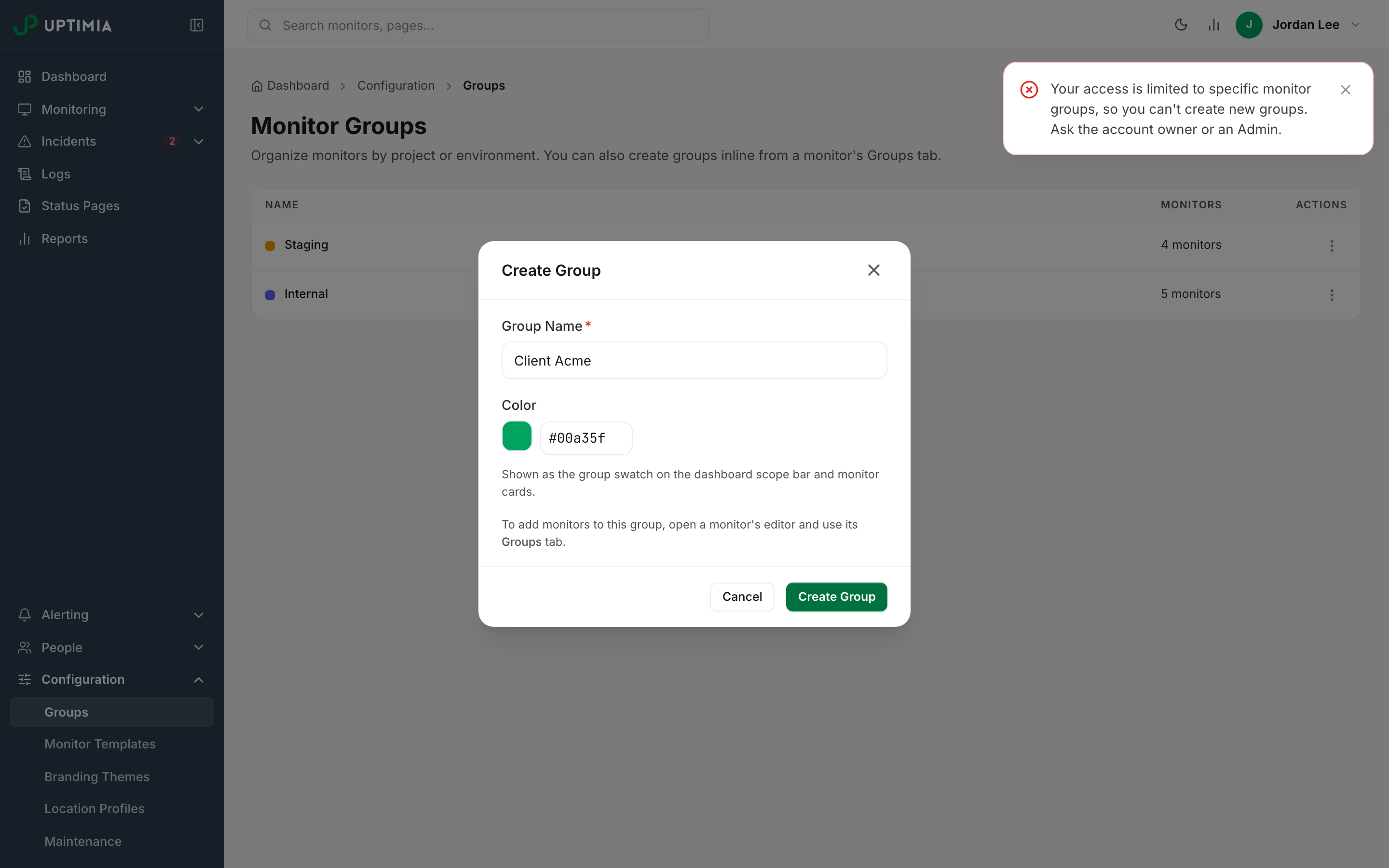 The Monitor Groups page in a scoped member's session, with the Create Group modal still open and a red toast refusing the create