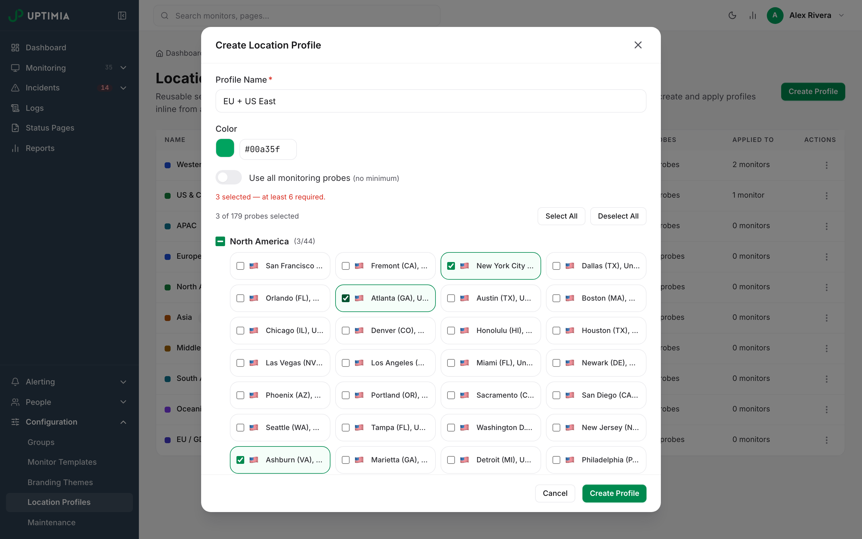 The Create Location Profile modal with three probes picked and the red counter warning that at least six are required.
