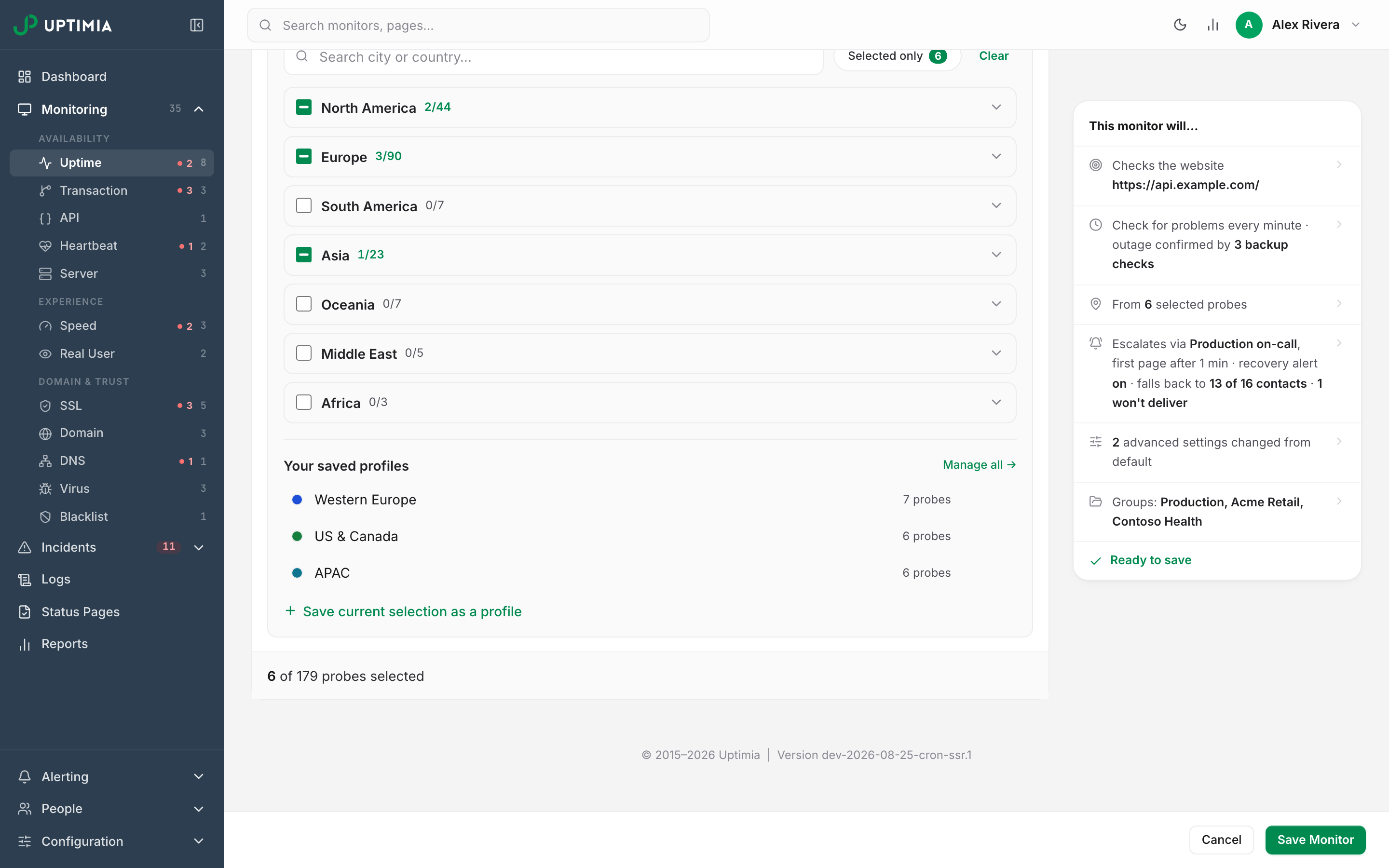 The Save current selection as a profile shortcut sitting under the probe grid on a monitor's Locations tab.