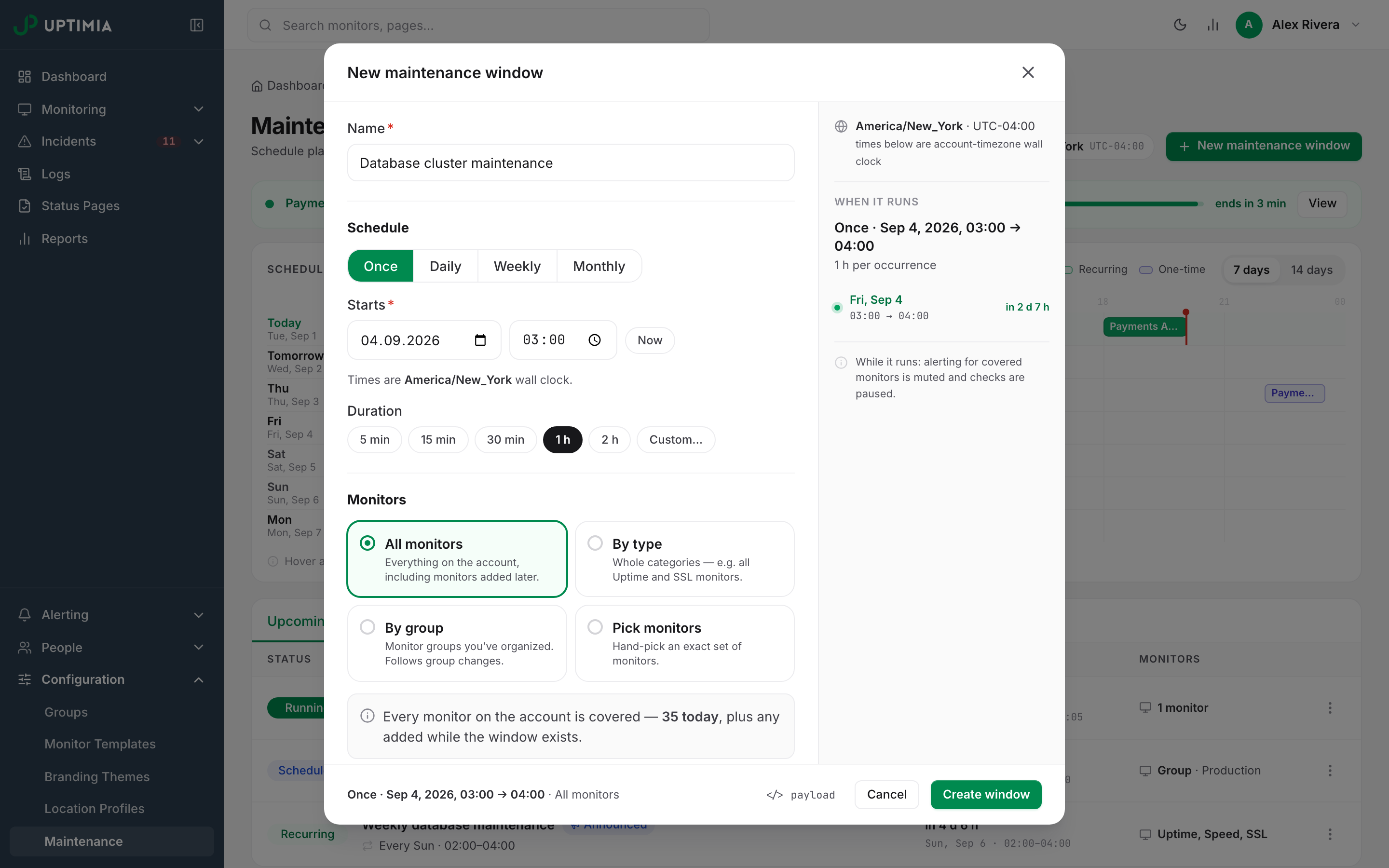 The New maintenance window modal: the Once/Daily/Weekly/Monthly frequency buttons, a start time with the Now chip and the duration chips, and a right-hand rail listing the occurrence the draft will produce.