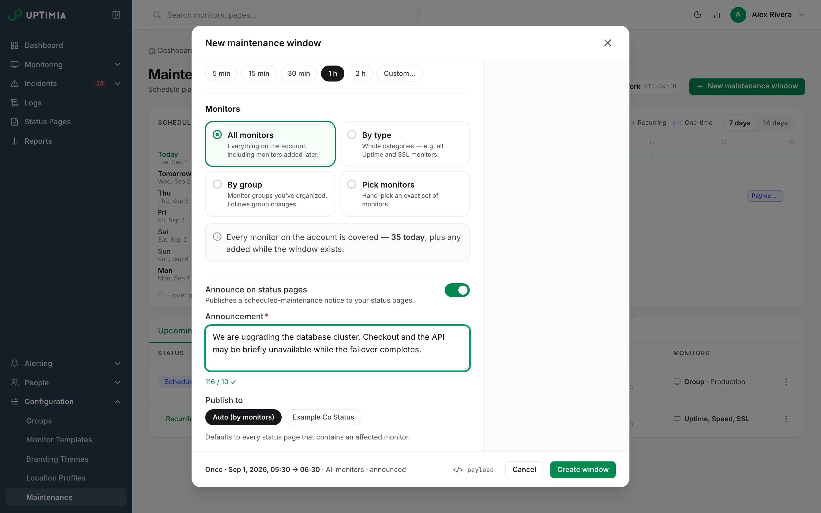 The announce block of the maintenance modal: the toggle on, an announcement written into the textarea with its 10-character minimum counter, and the Publish to chips that choose which status pages carry the notice.