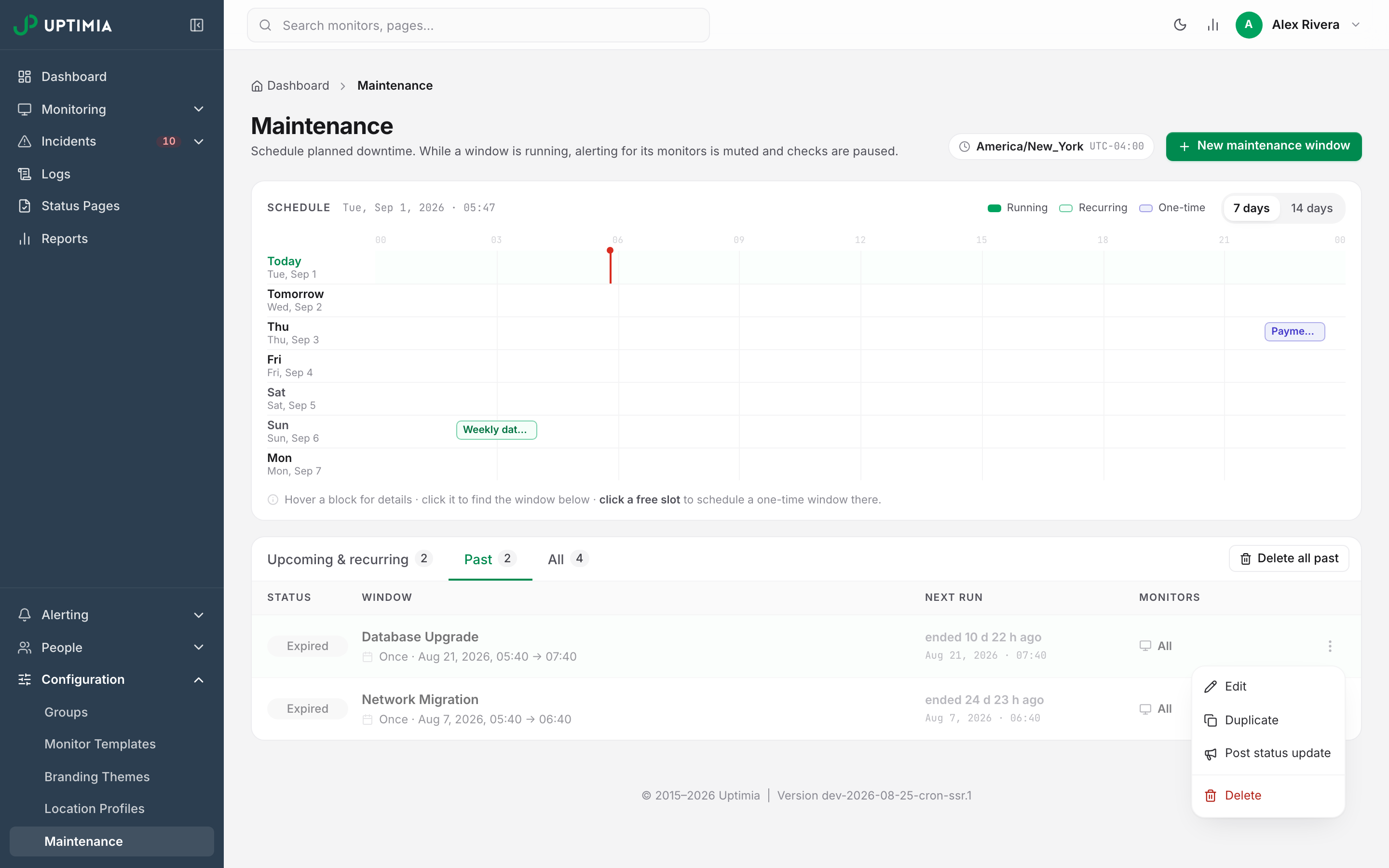 A maintenance window row with its actions menu open, showing Edit, Duplicate, Post status update and Delete.