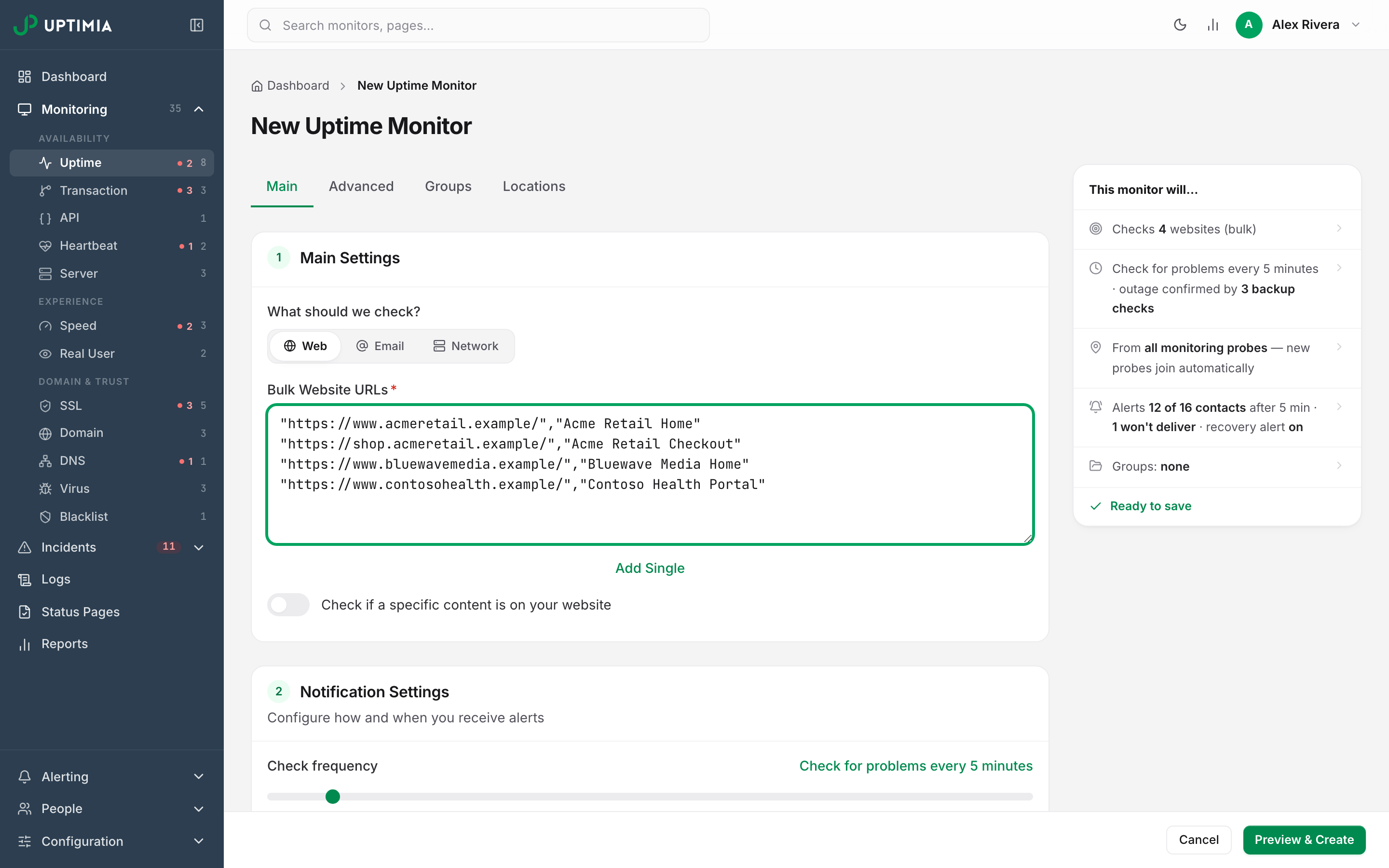 The monitor editor in bulk mode, with the Bulk Website URLs textarea holding one URL and name per line for a batch of client sites