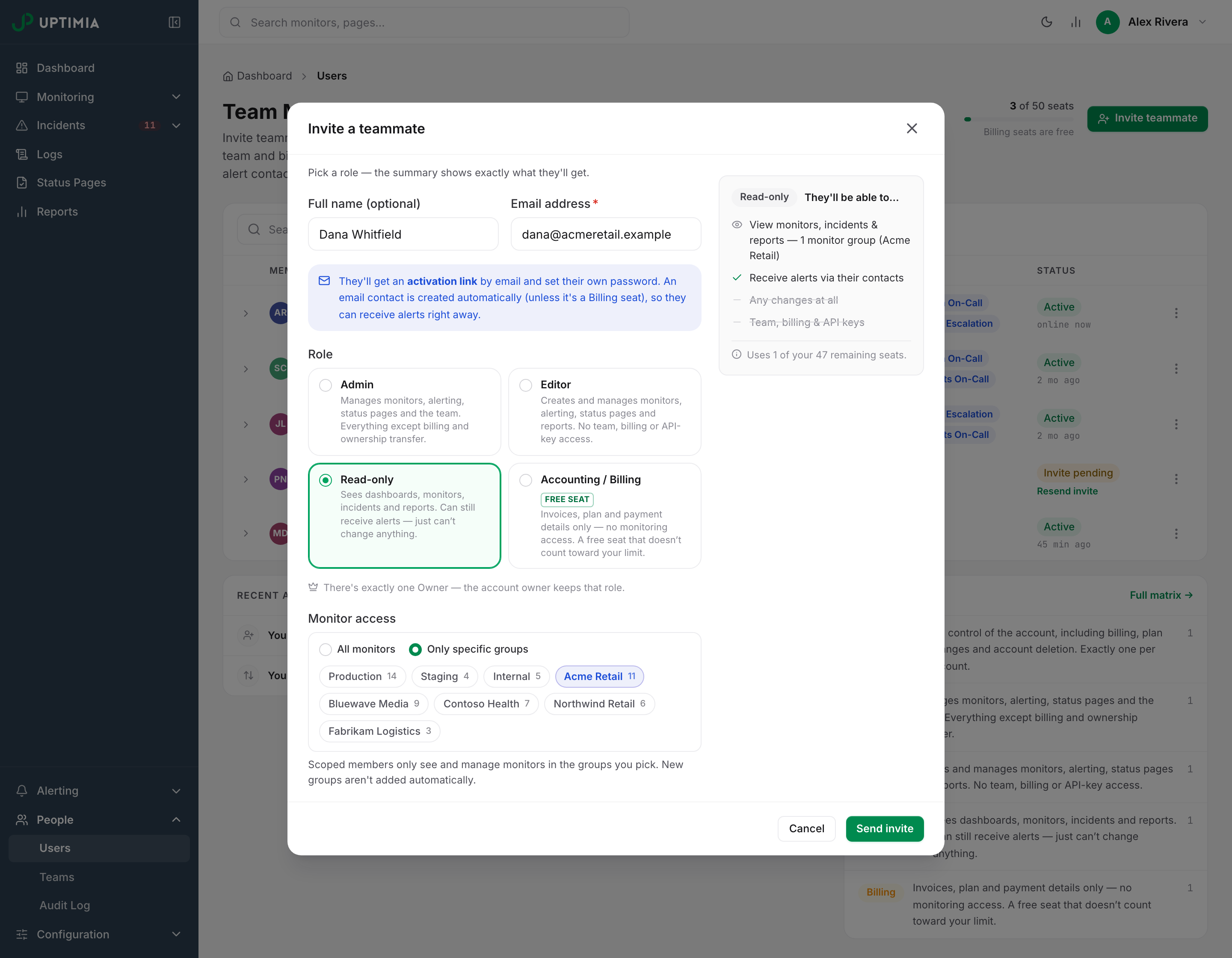 Inviting a client contact as a Read-only member limited to that client's monitor groups