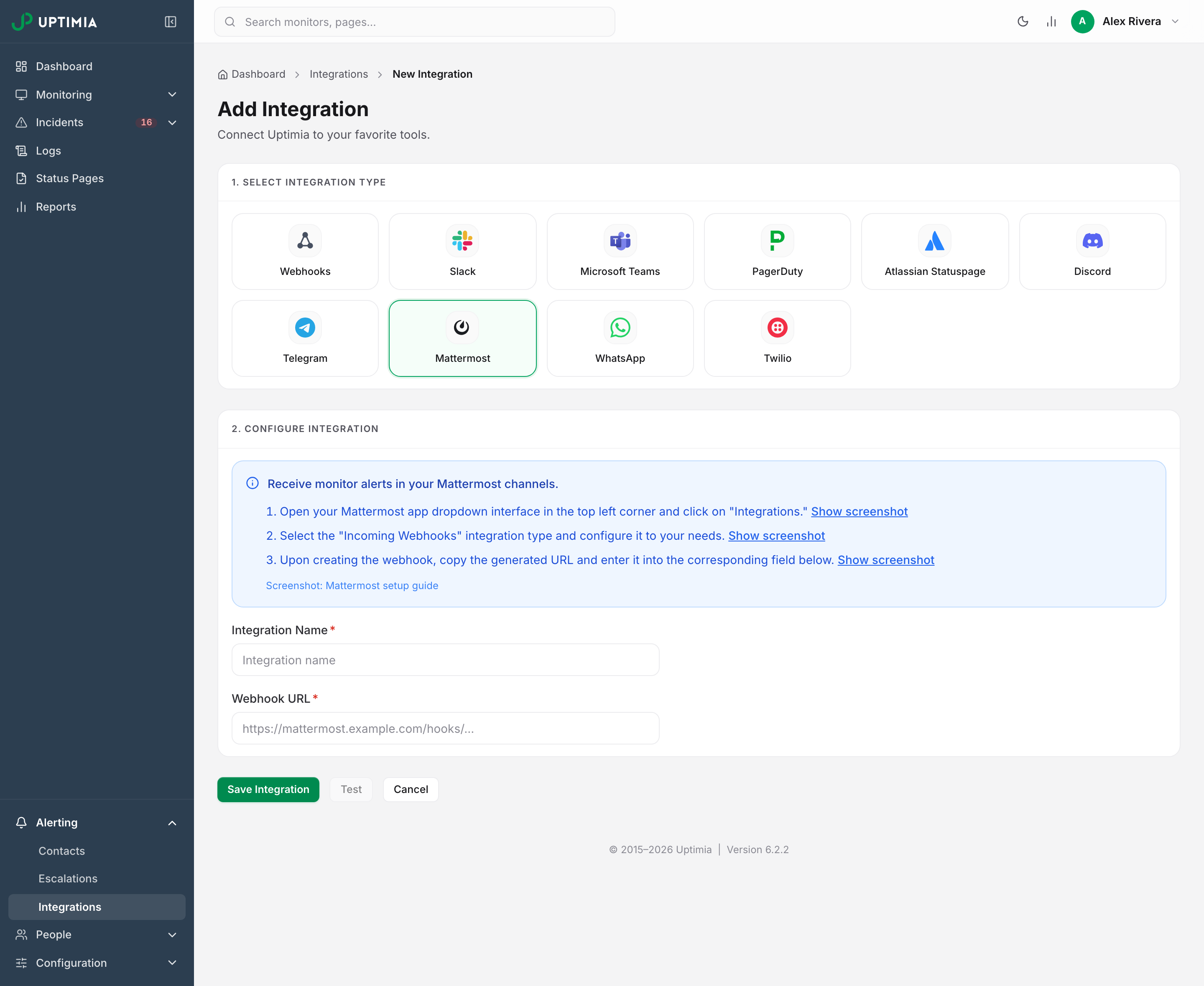 The Add Integration page with Mattermost selected, its three setup steps, and the Webhook URL field showing the expected https://mattermost.example.com/hooks/ shape