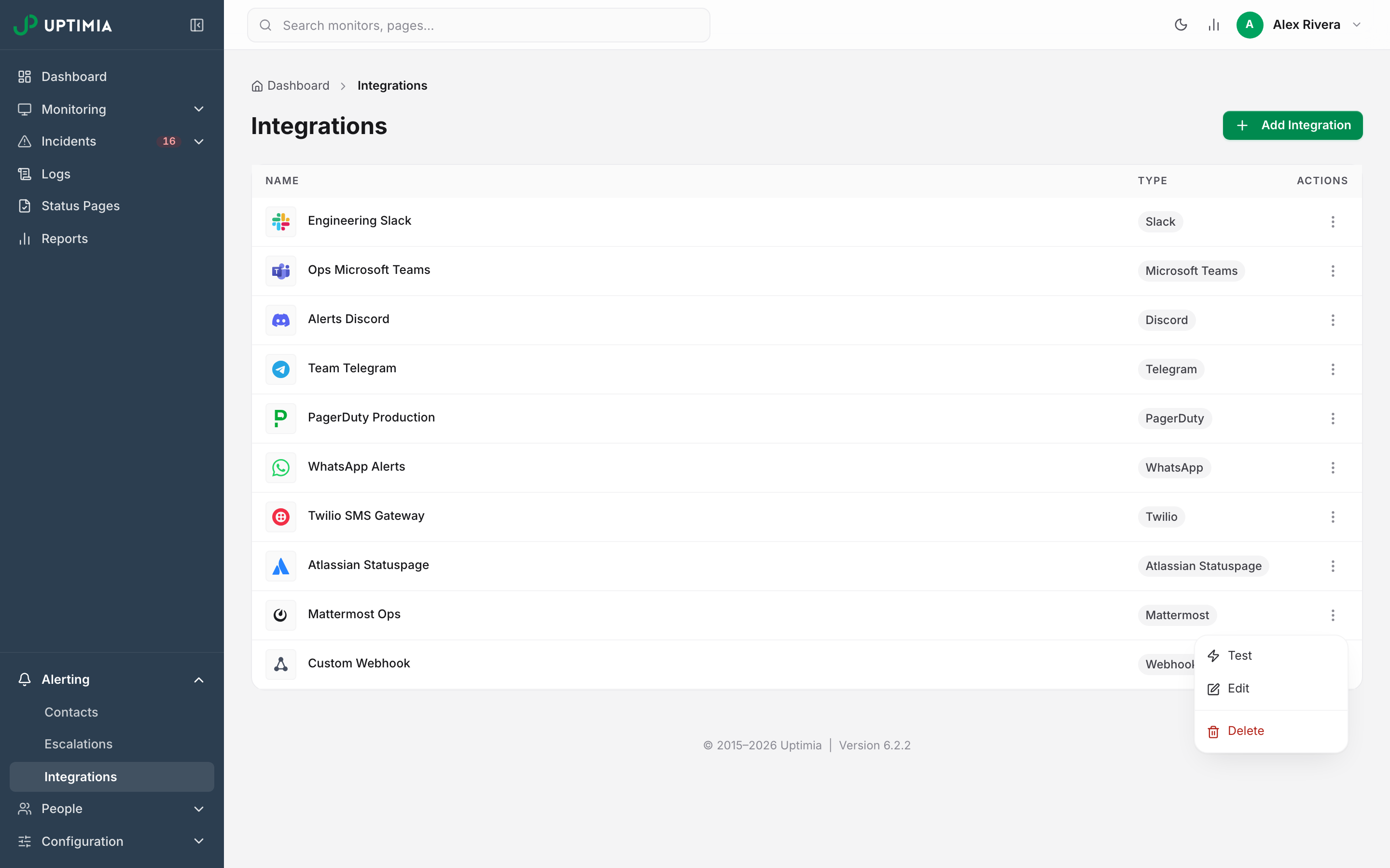 The Integrations list with the Mattermost row's Actions menu open, showing where Test, Edit and Delete sit