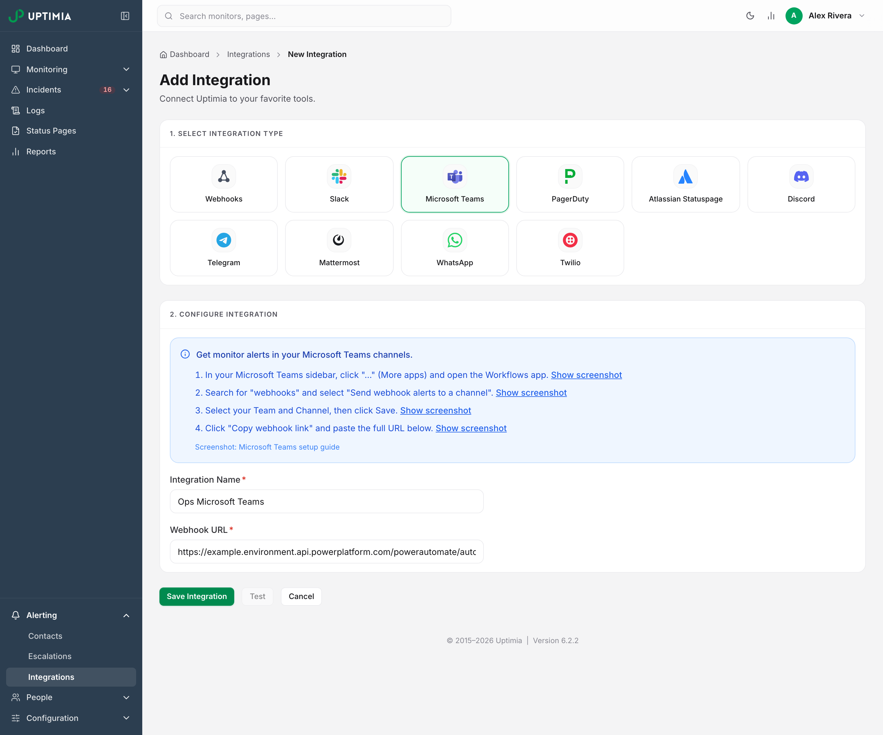 The Add Integration page with the Microsoft Teams tile selected, the four Workflows setup steps, and a Power Platform webhook URL pasted into the Webhook URL field