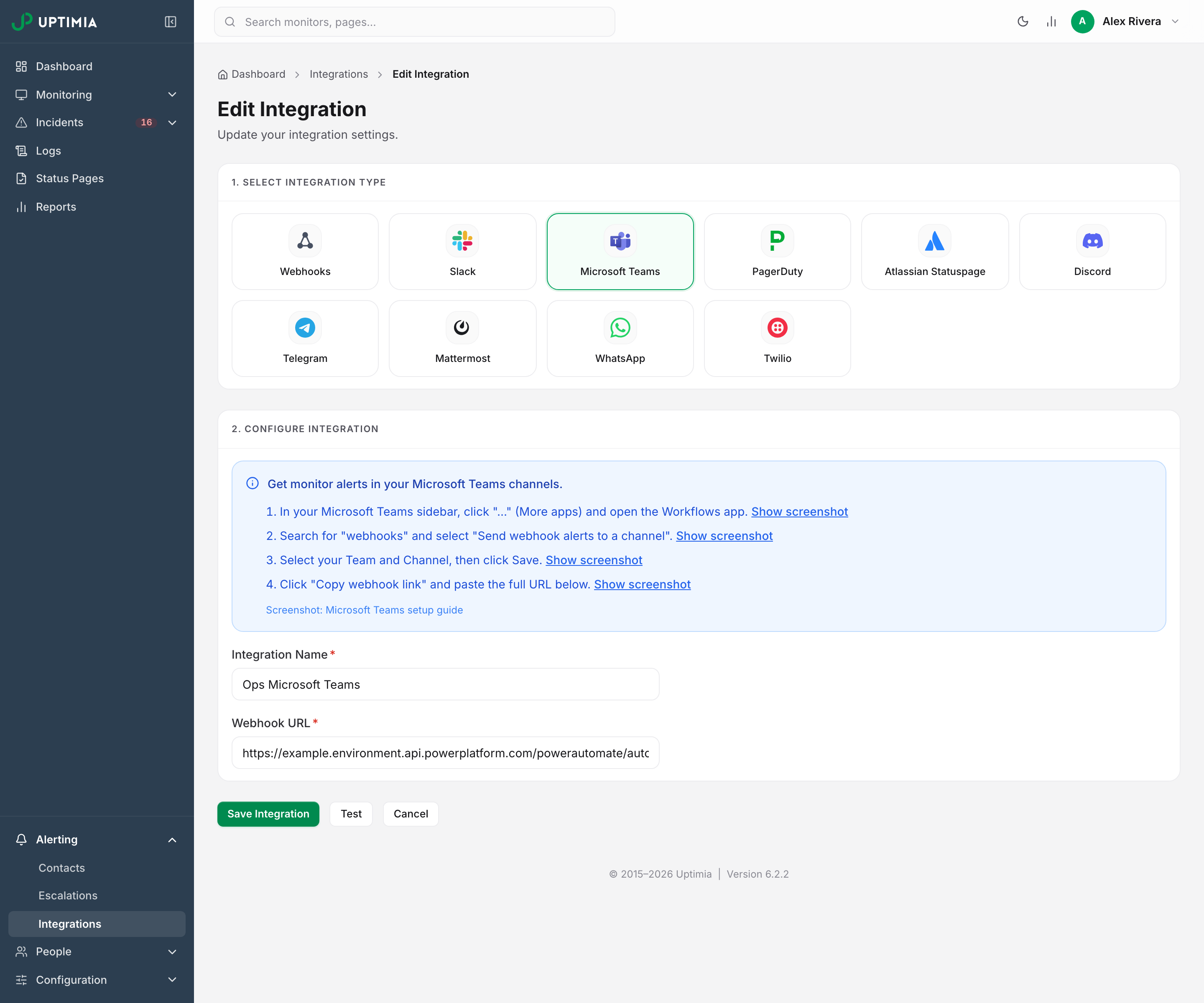 The saved Microsoft Teams integration open in edit mode, with the Test button enabled beside Save Integration