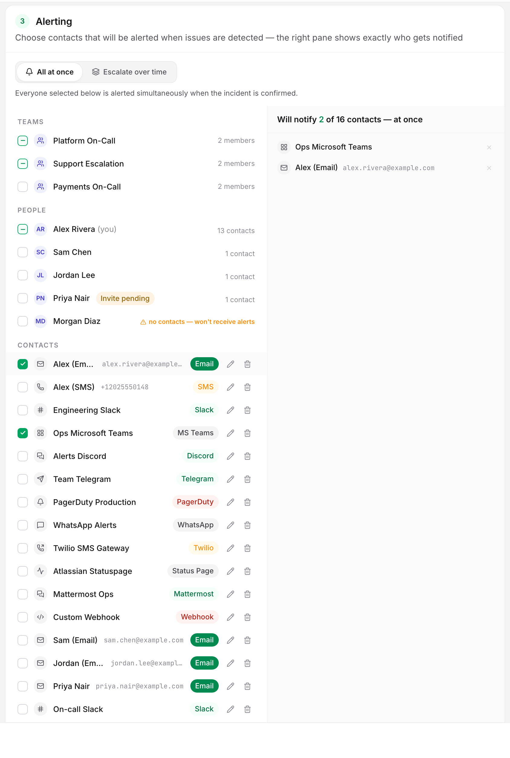 The monitor editor's Alerting card with the Ops Microsoft Teams contact ticked in the contact list and resolved on the right as the one endpoint that will be notified