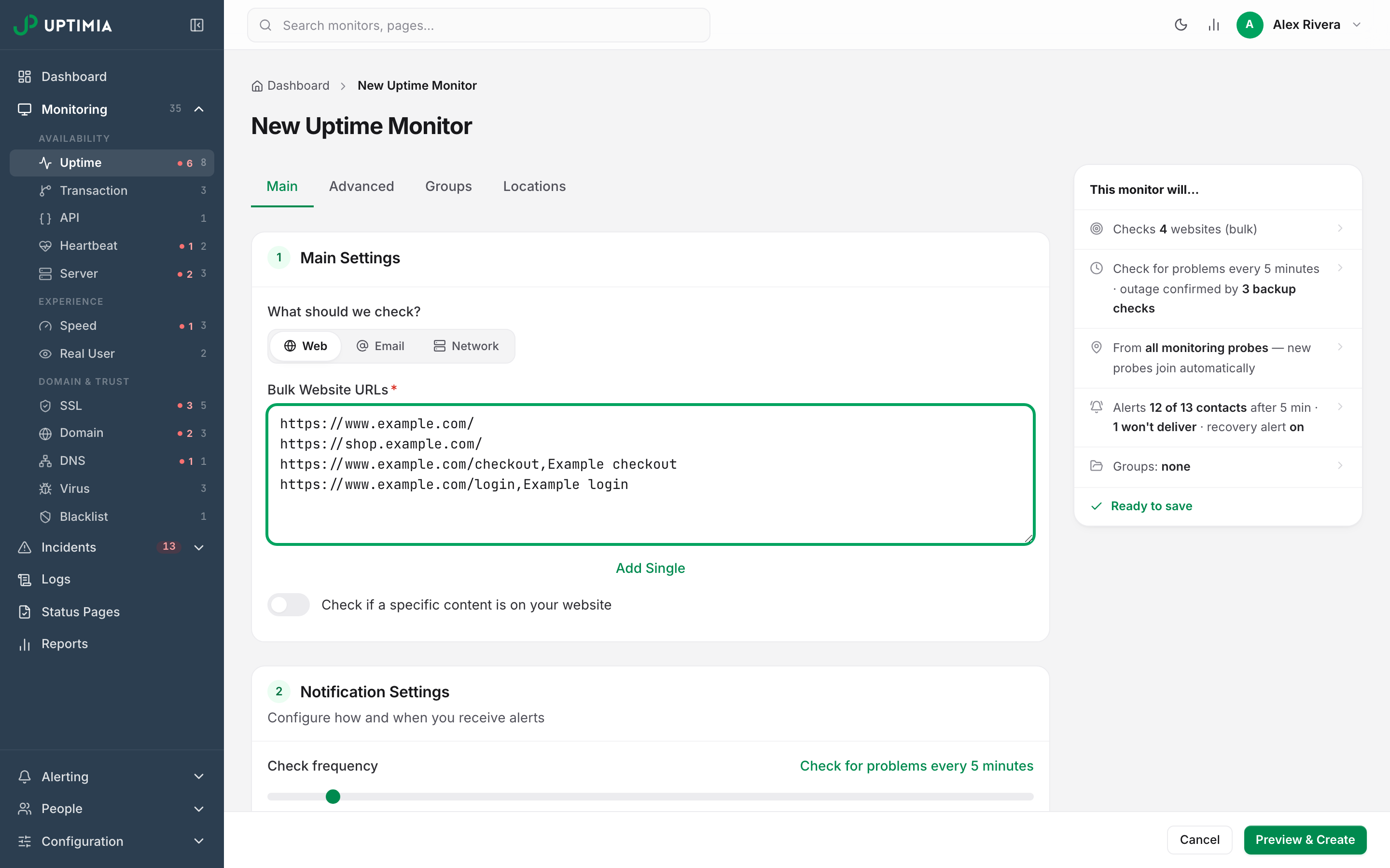 The new uptime monitor form switched to bulk mode, with four URLs pasted into the Bulk Website URLs box and Preview & Create waiting in the save bar