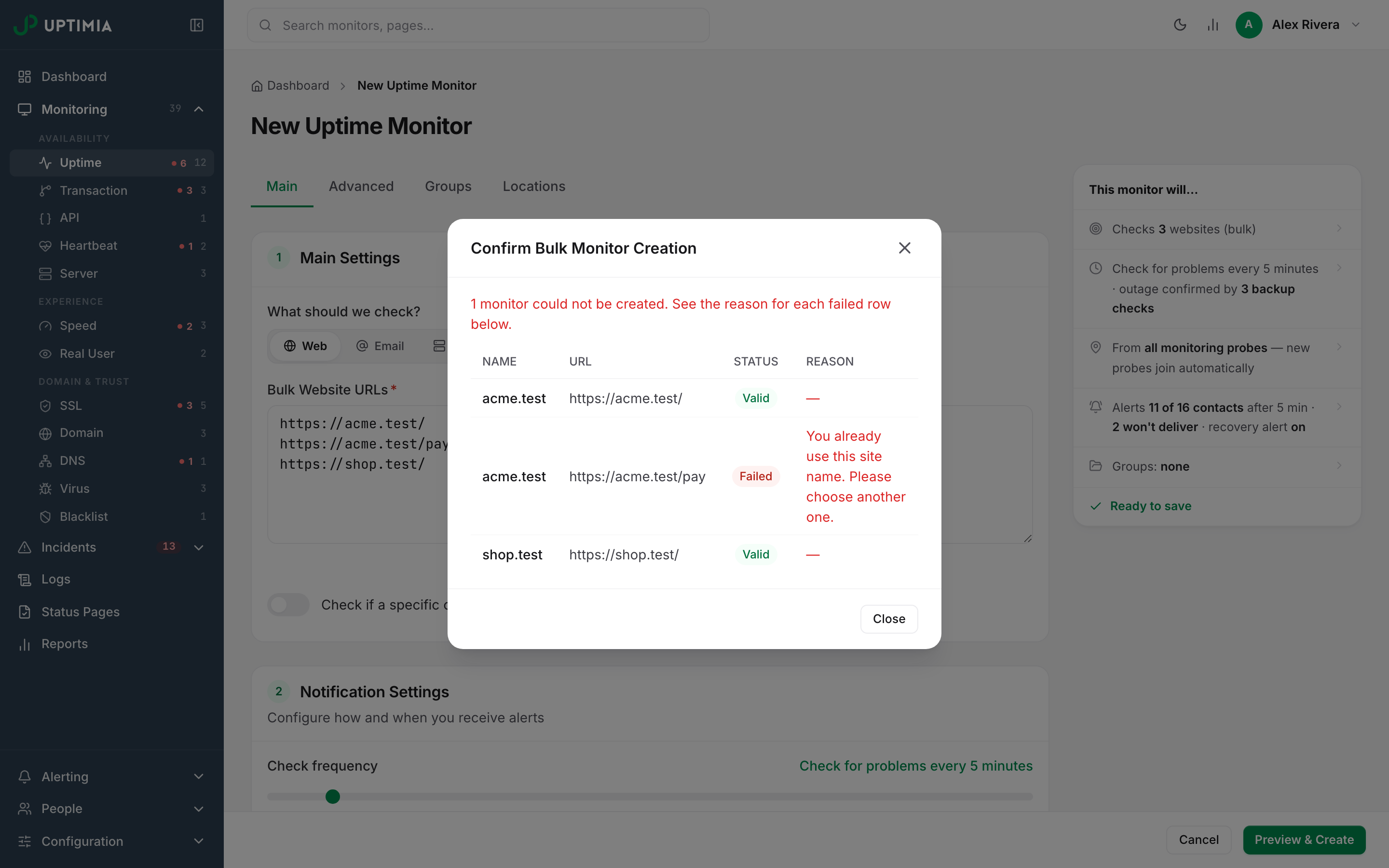 The Confirm Bulk Monitor Creation dialog after a partial failure: two rows badged Valid and one badged Failed, with the reason that the site name is already in use
