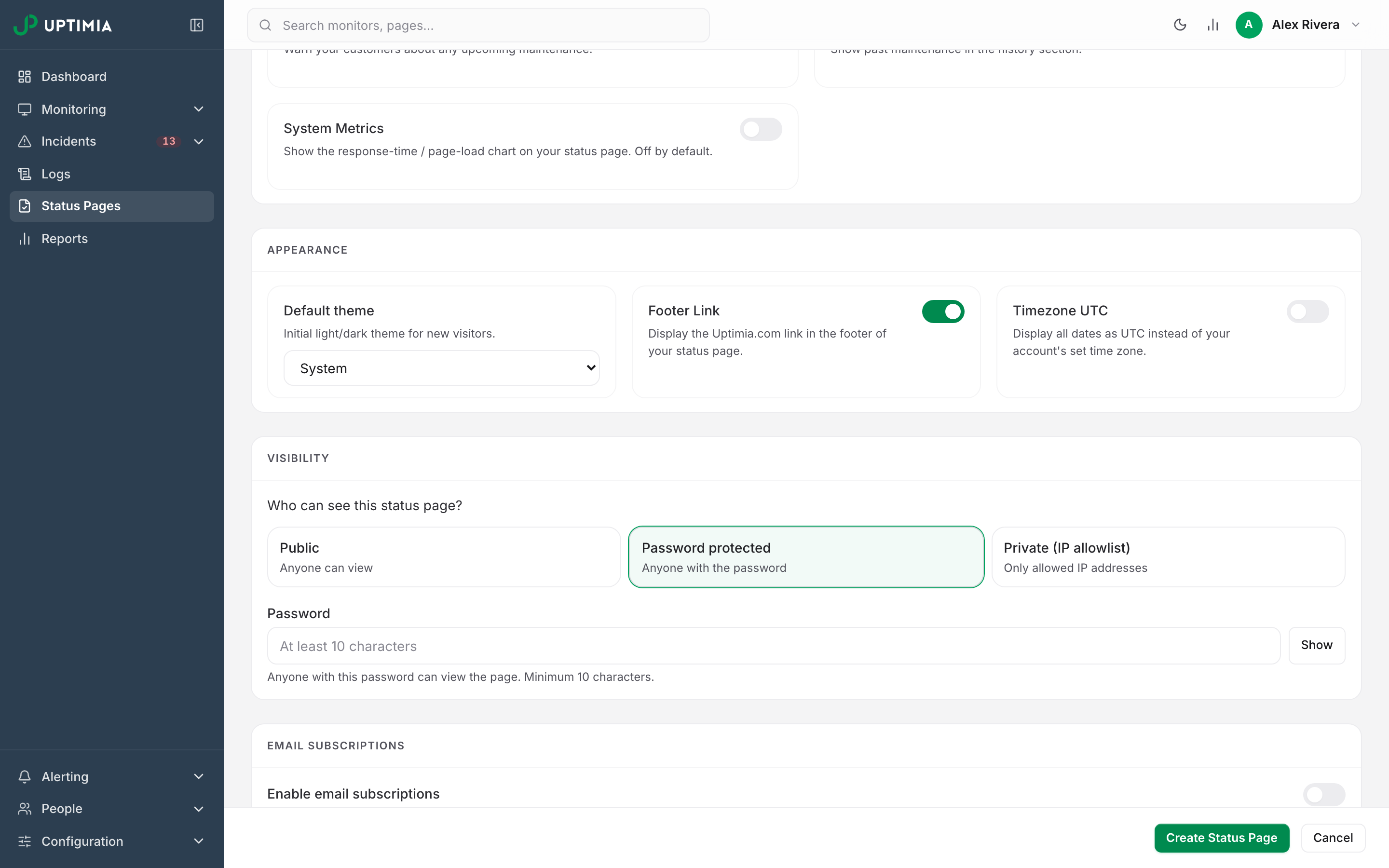 The status page editor's Visibility card with Password protected chosen, showing the shared-password field and its ten-character minimum