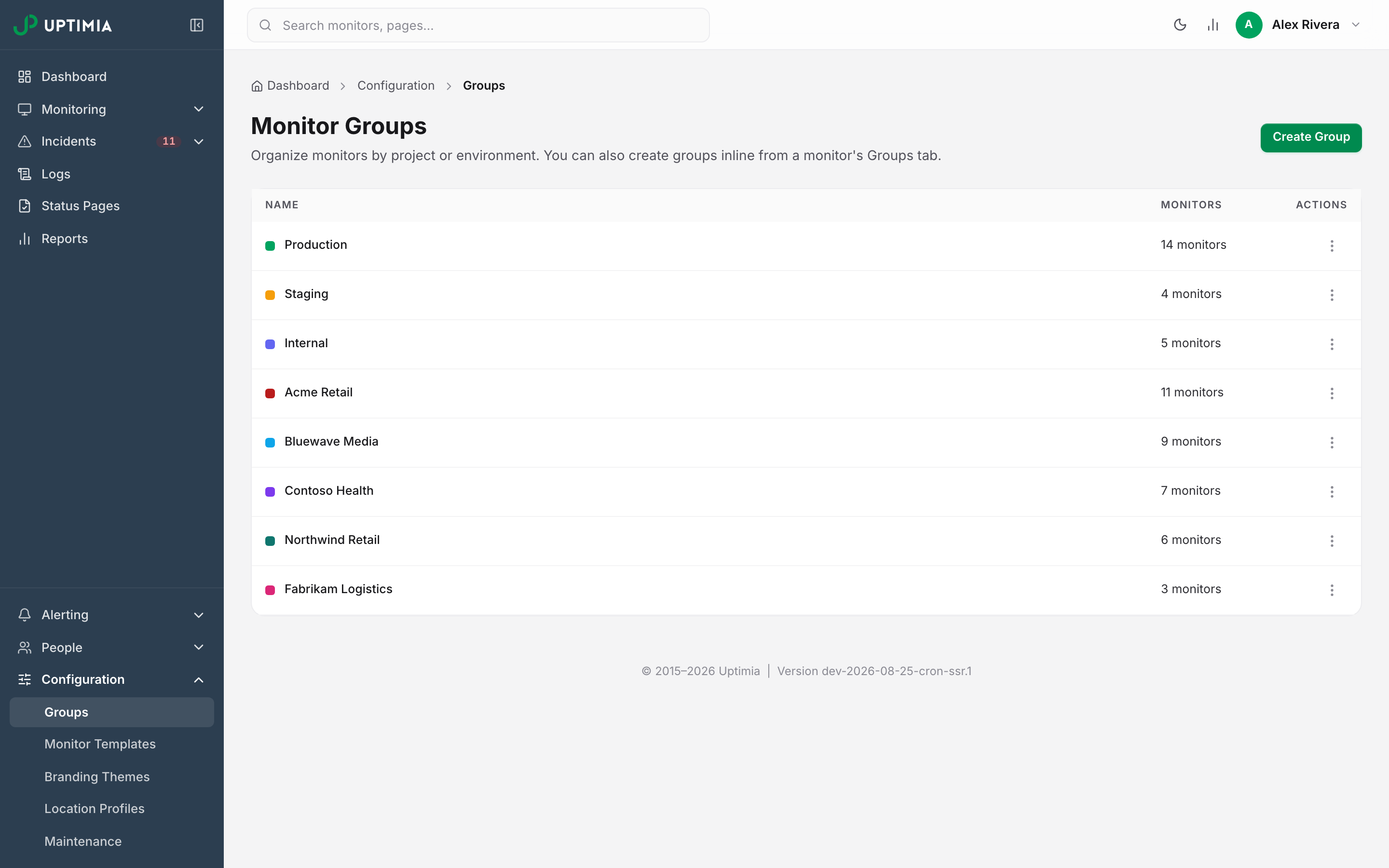 The Monitor Groups page listing eight groups (Production, Staging, Internal and five per-client groups), each with its color swatch and monitor count